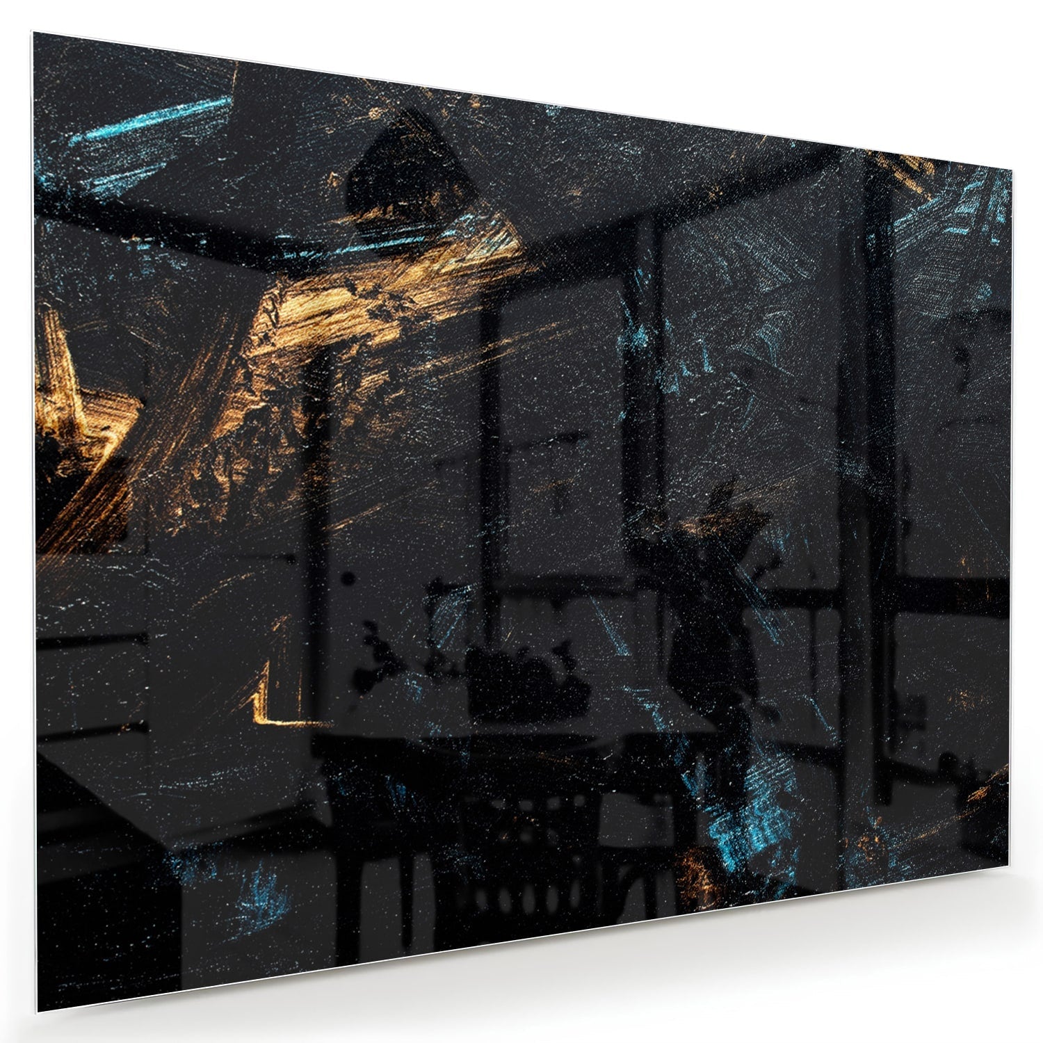 Abstraktes Glasbild mit goldenen und schwarzen Akzenten