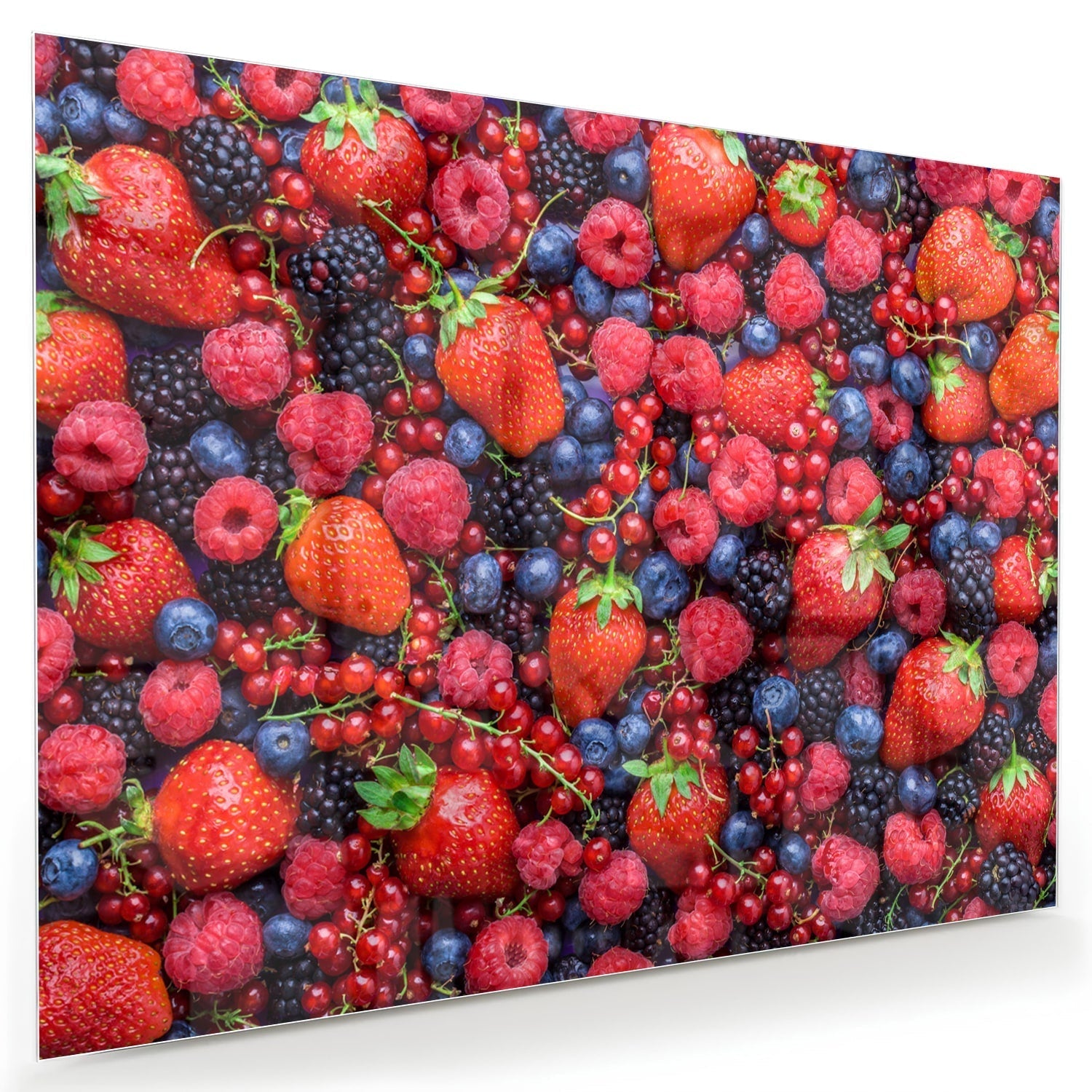 Farbenfrohes Glasbild mit bessen und fruit als moderne Glas-Wanddekoration aus 4 mm Sicherheitsglas