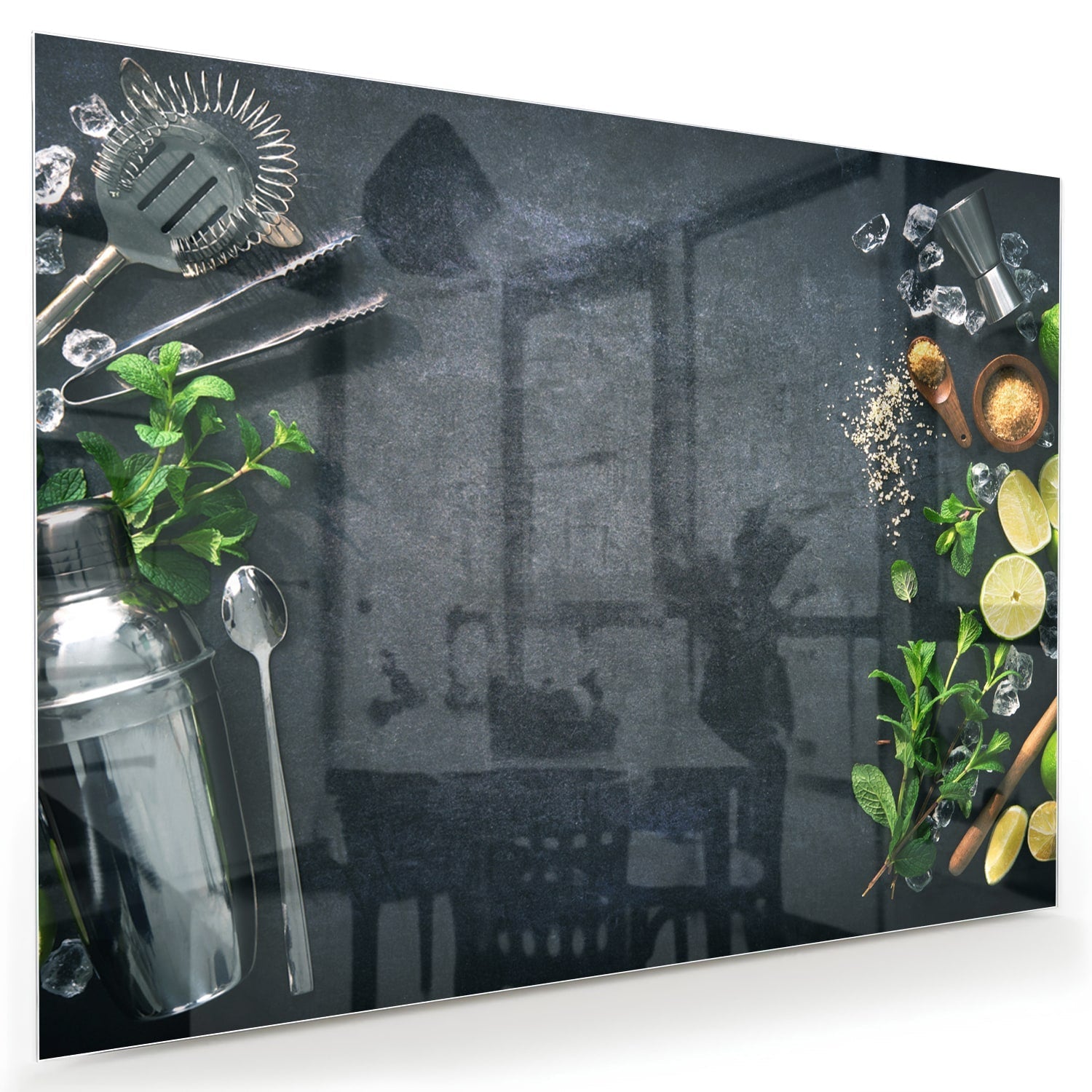 Elegantes Glasbild mit Kräutern und Zitronen