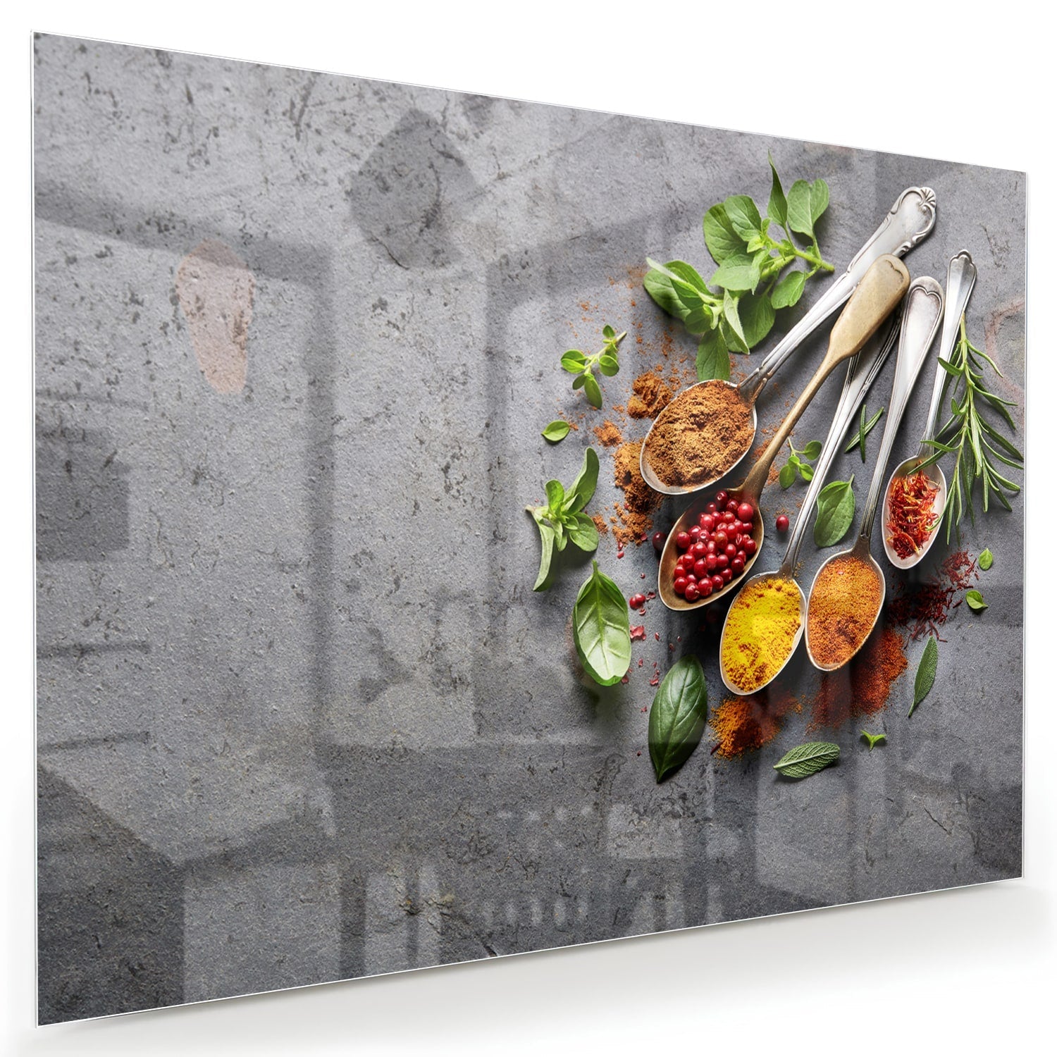 Glasbild mit Kräutern und Gewürzen