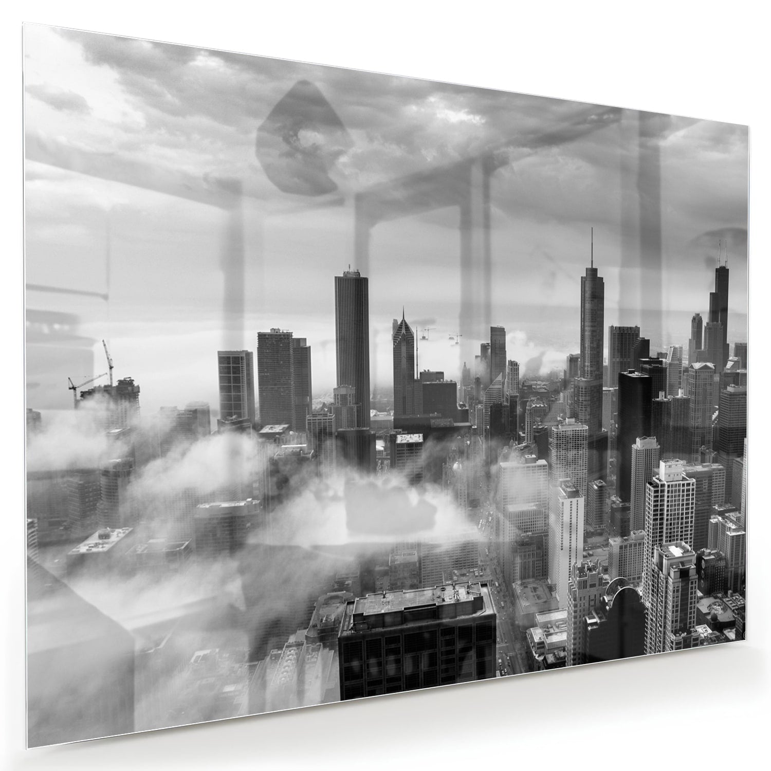 Schwarz-Weiß-Glasbild mit Stadtmotiv