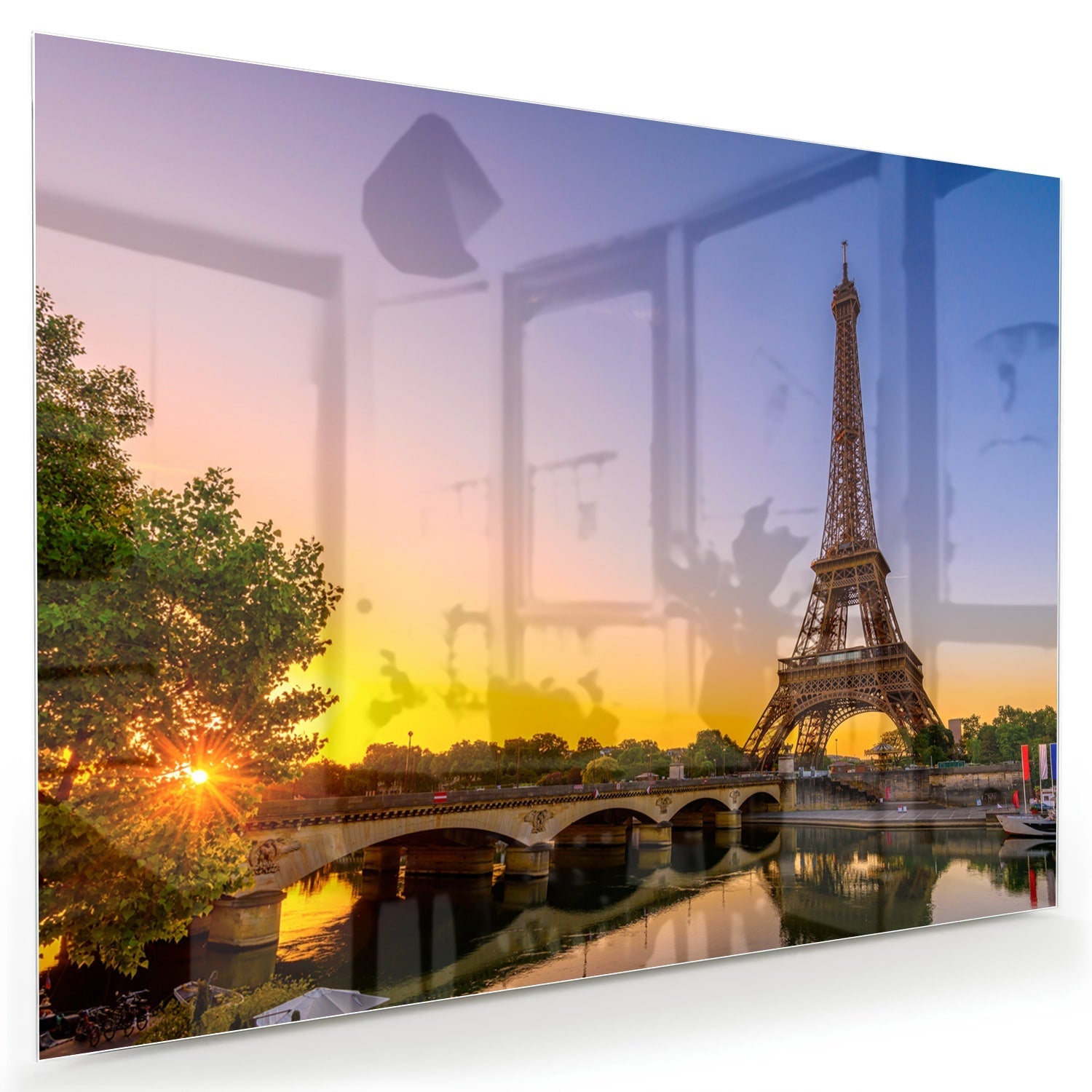 Glasbild mit dem Eiffelturm bei Sonnenuntergang