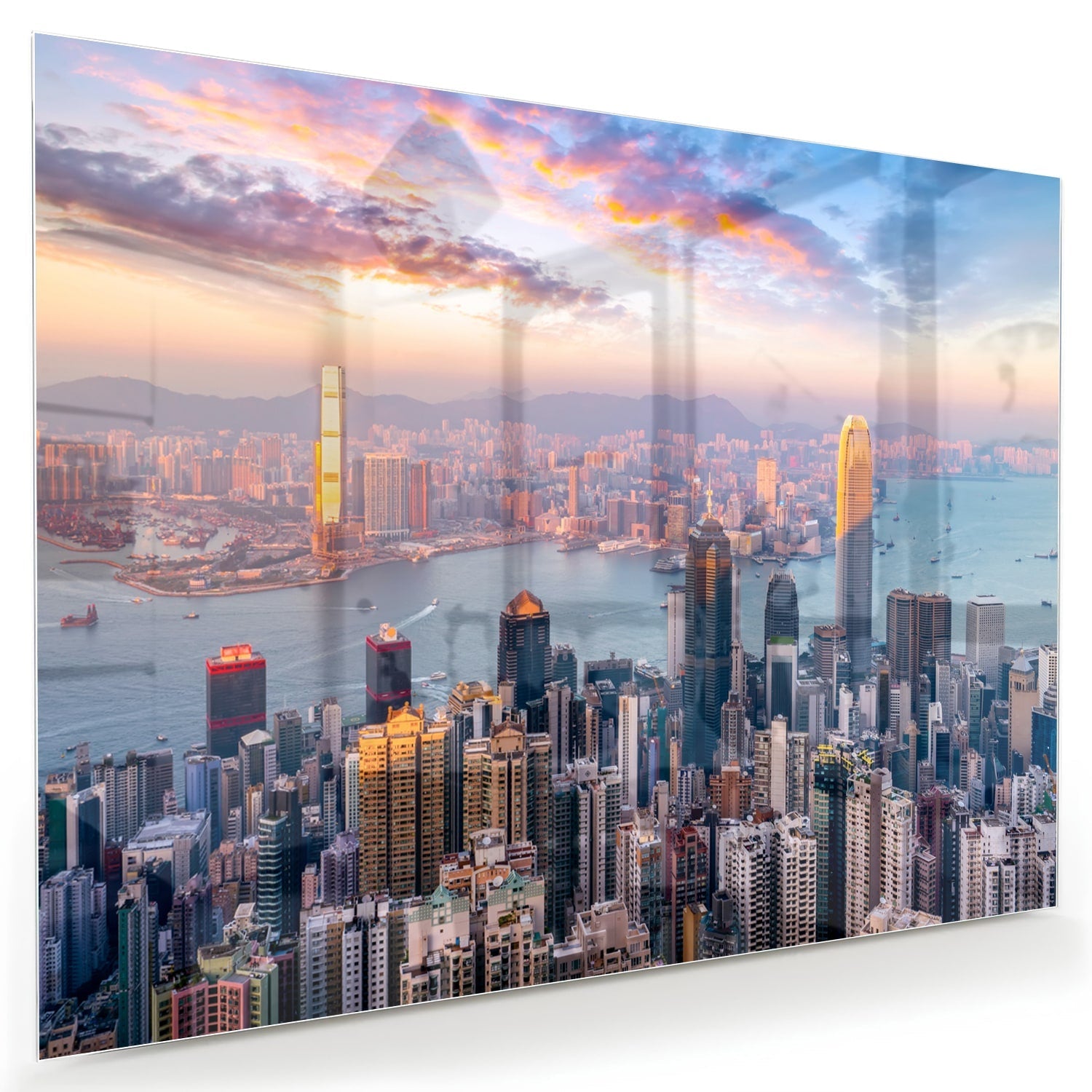 Glasbild mit Stadtansicht bei Sonnenuntergang
