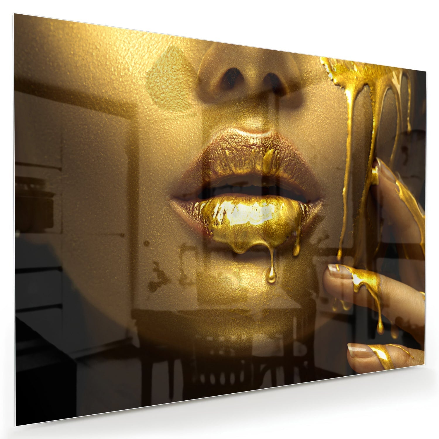 Goldenes Glasbild mit Lippen und Hand
