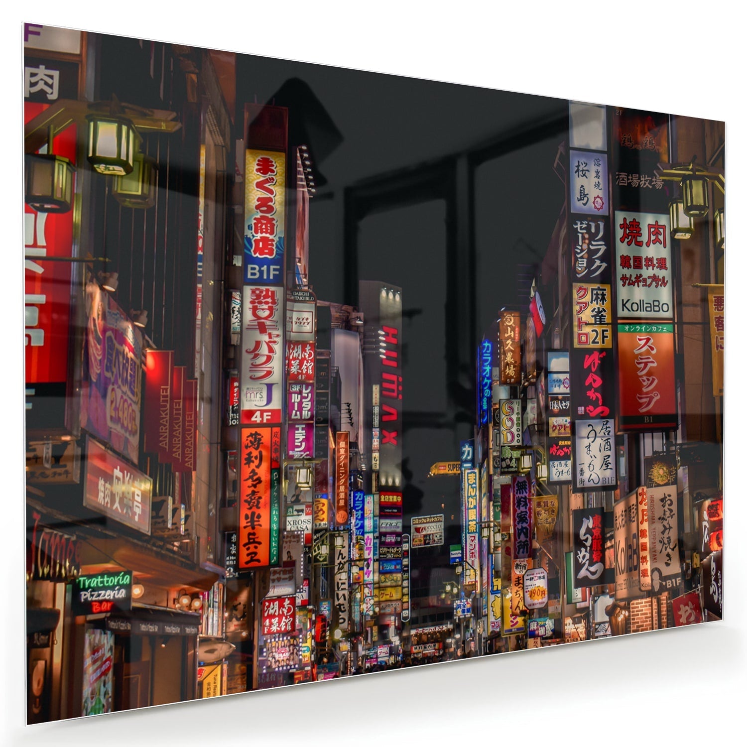 Glasbild mit urbaner Szenerie und bezaubernden Neonlichtern