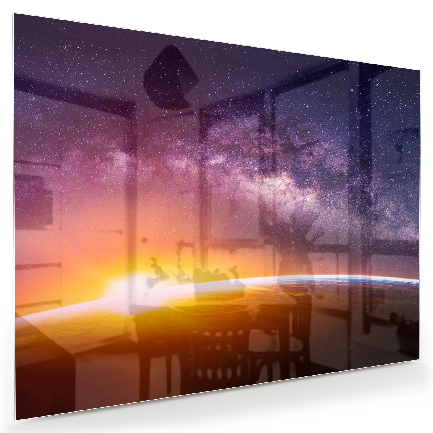 Glasbild mit einem Sternenhimmel bei Sonnenuntergang