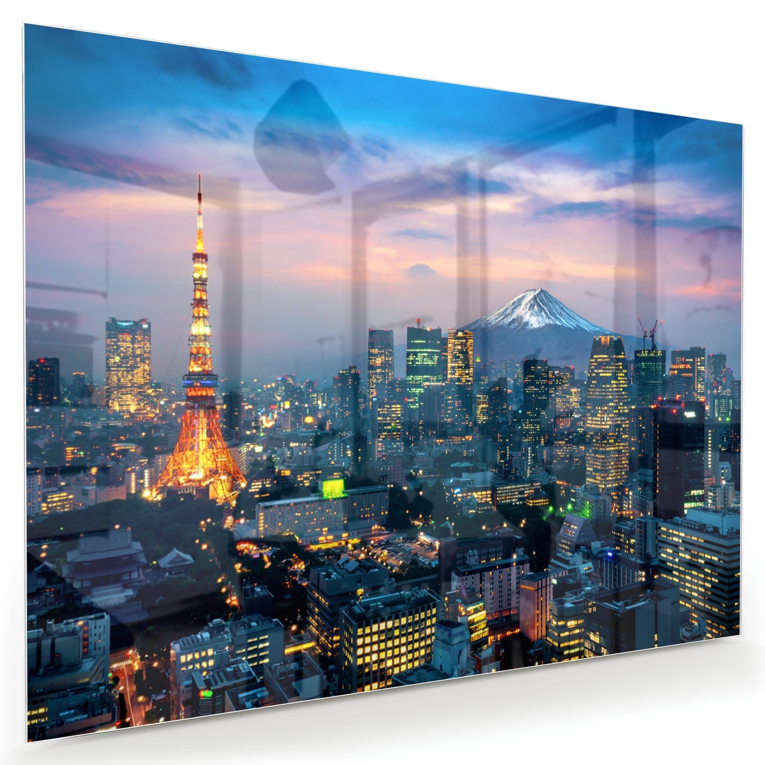 Glasbild mit Stadtpanorama, Fuji und Tokyo Tower