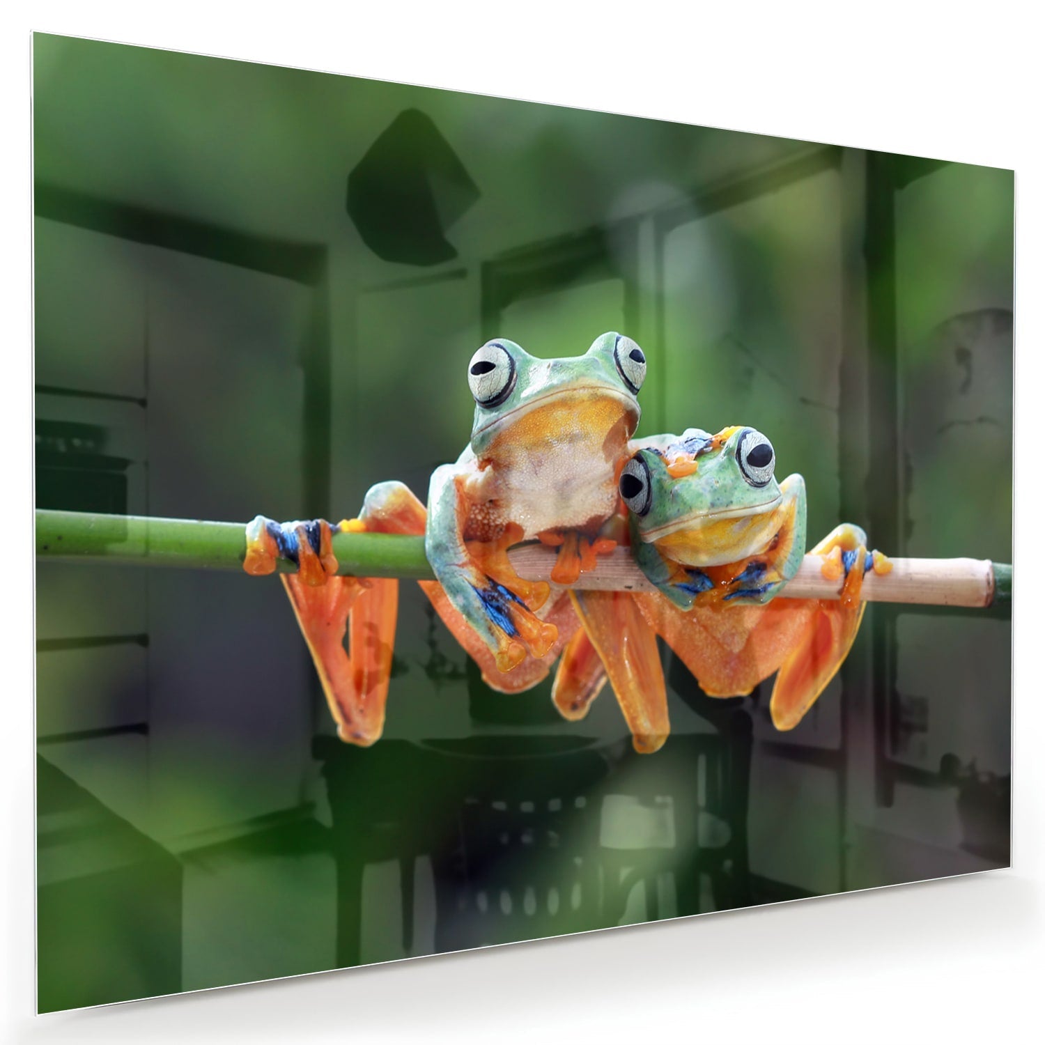 Fröhliches Glasbild mit Frosch auf einem Ast