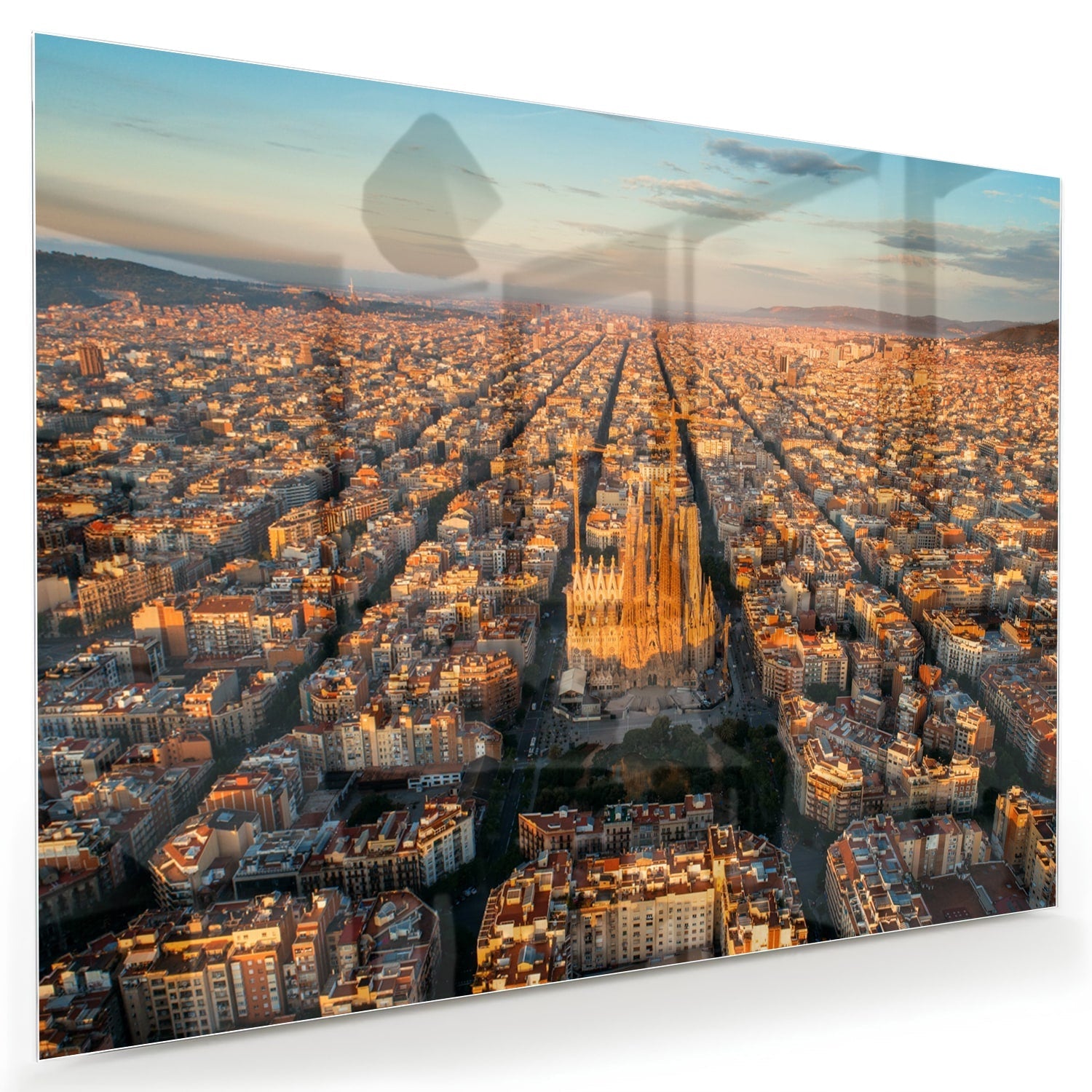 Glasbild mit atemberaubendem Stadtblick bei Sonnenuntergang