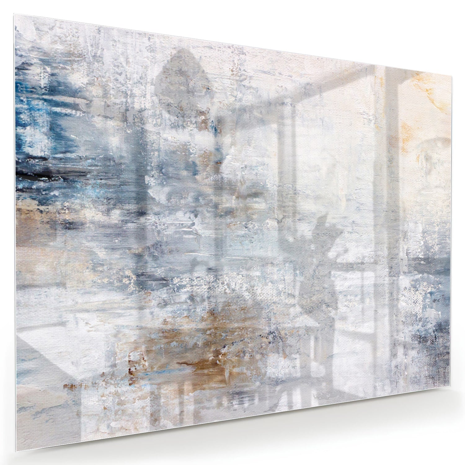 Abstraktes Glasbild mit blauen und neutralen Farbtönen