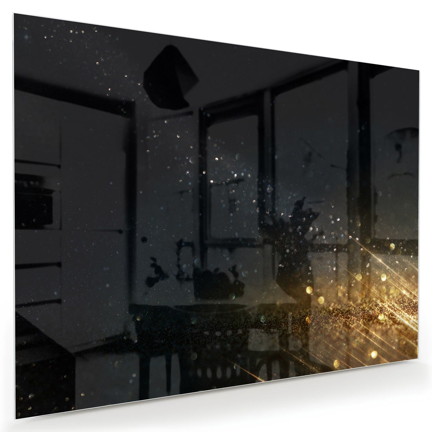 Schwarzes Glasbild mit Sternen und Lichtreflexionen