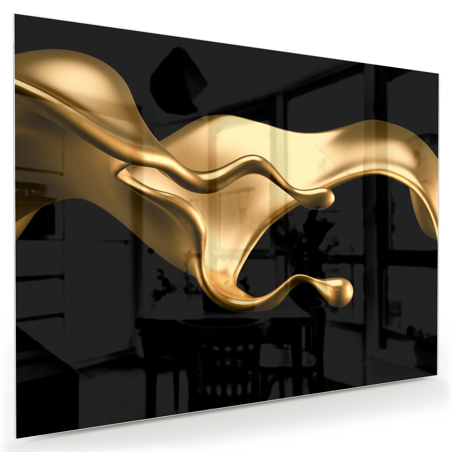 Abstraktes Glasbild mit goldener Welle für elegante Innenräume