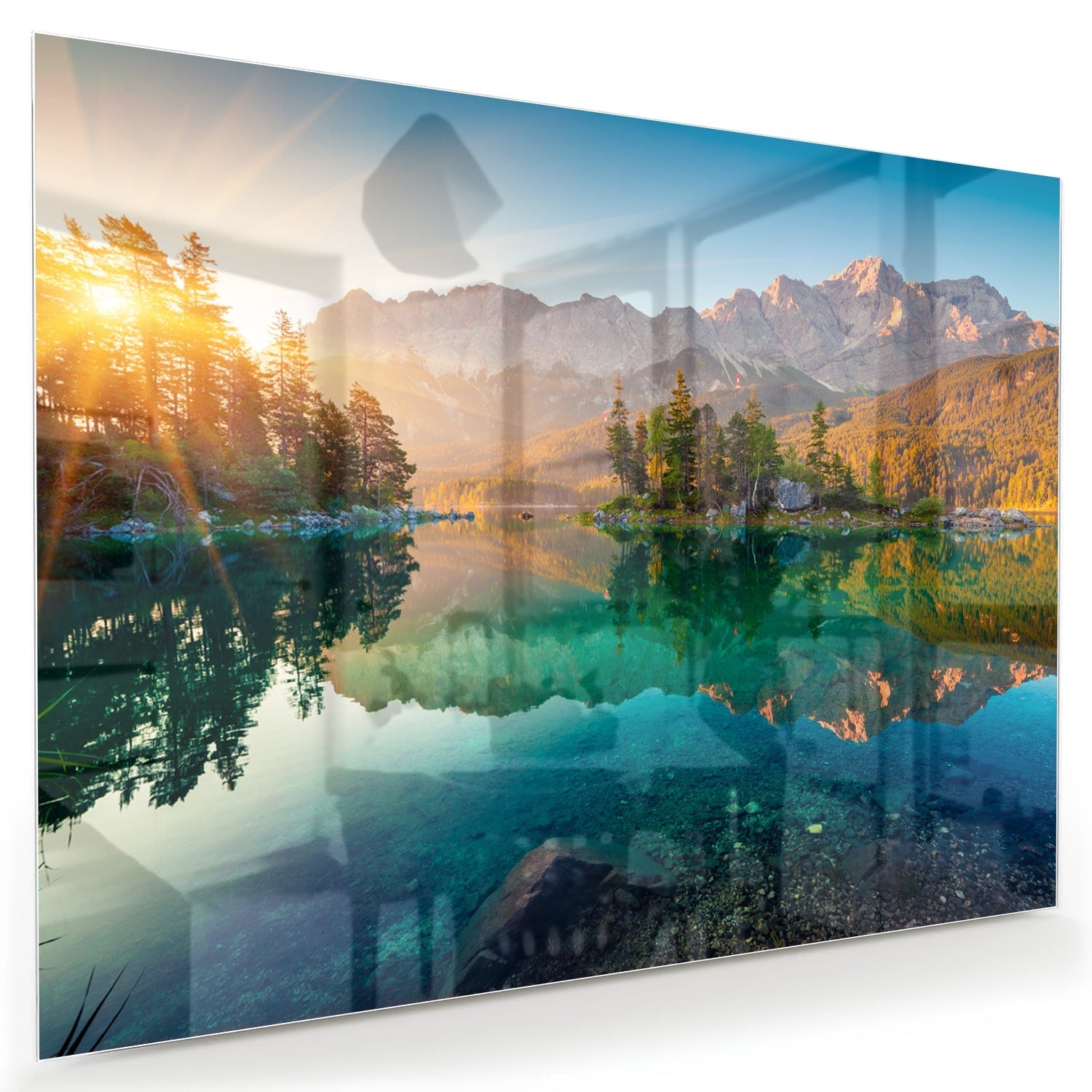 Wunderschönes Glasbild mit Berglandschaft und See