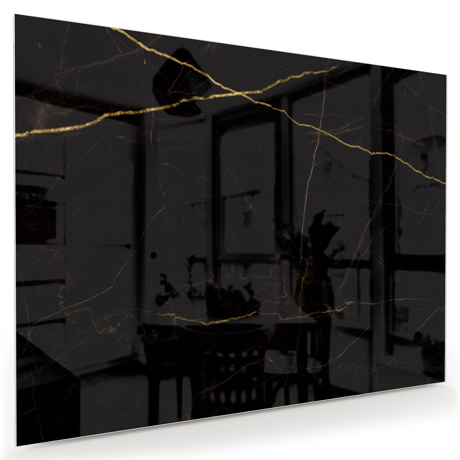 Elegantes schwarzes Glasbild mit goldenen Linien