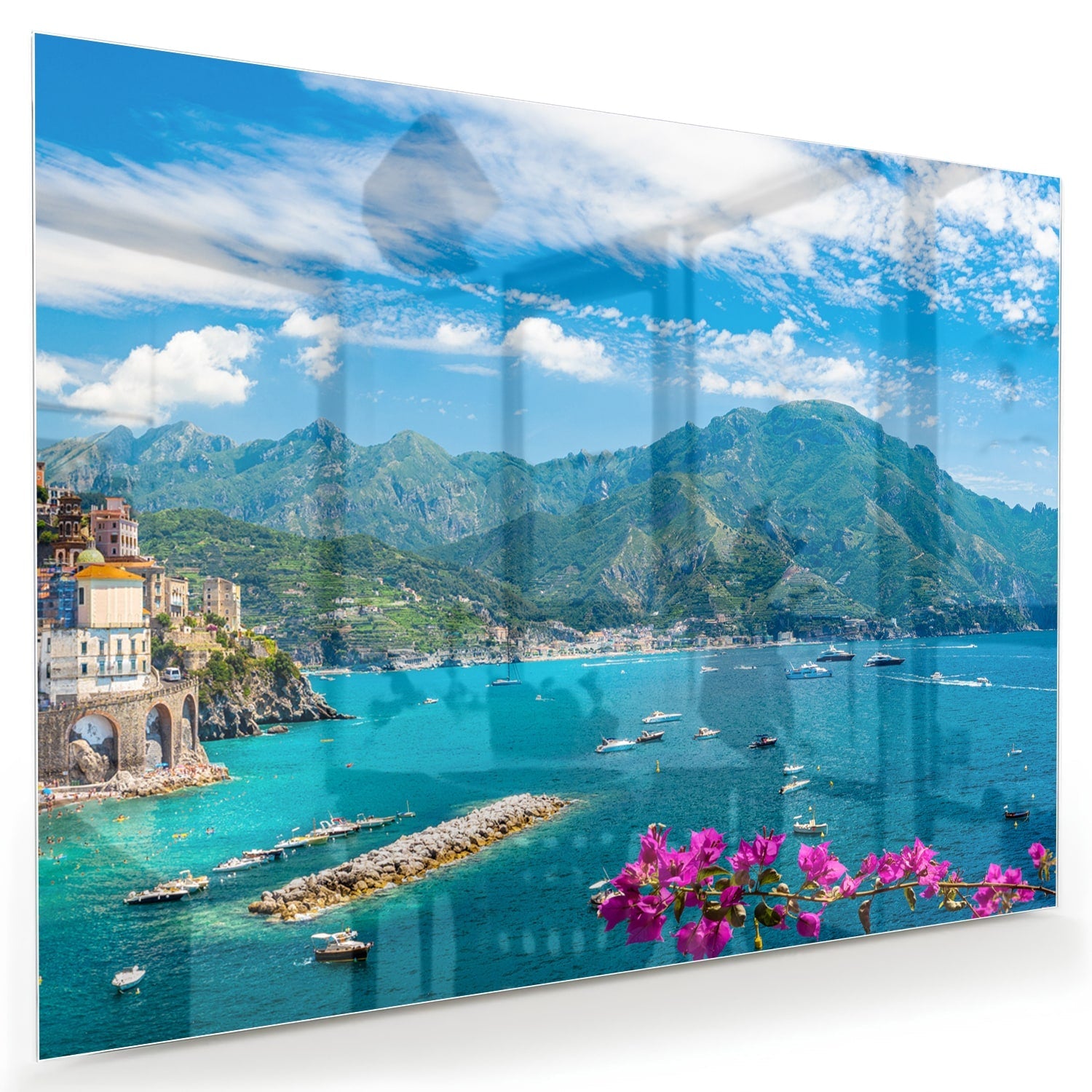 Glasbild mit blauem See und Bergen