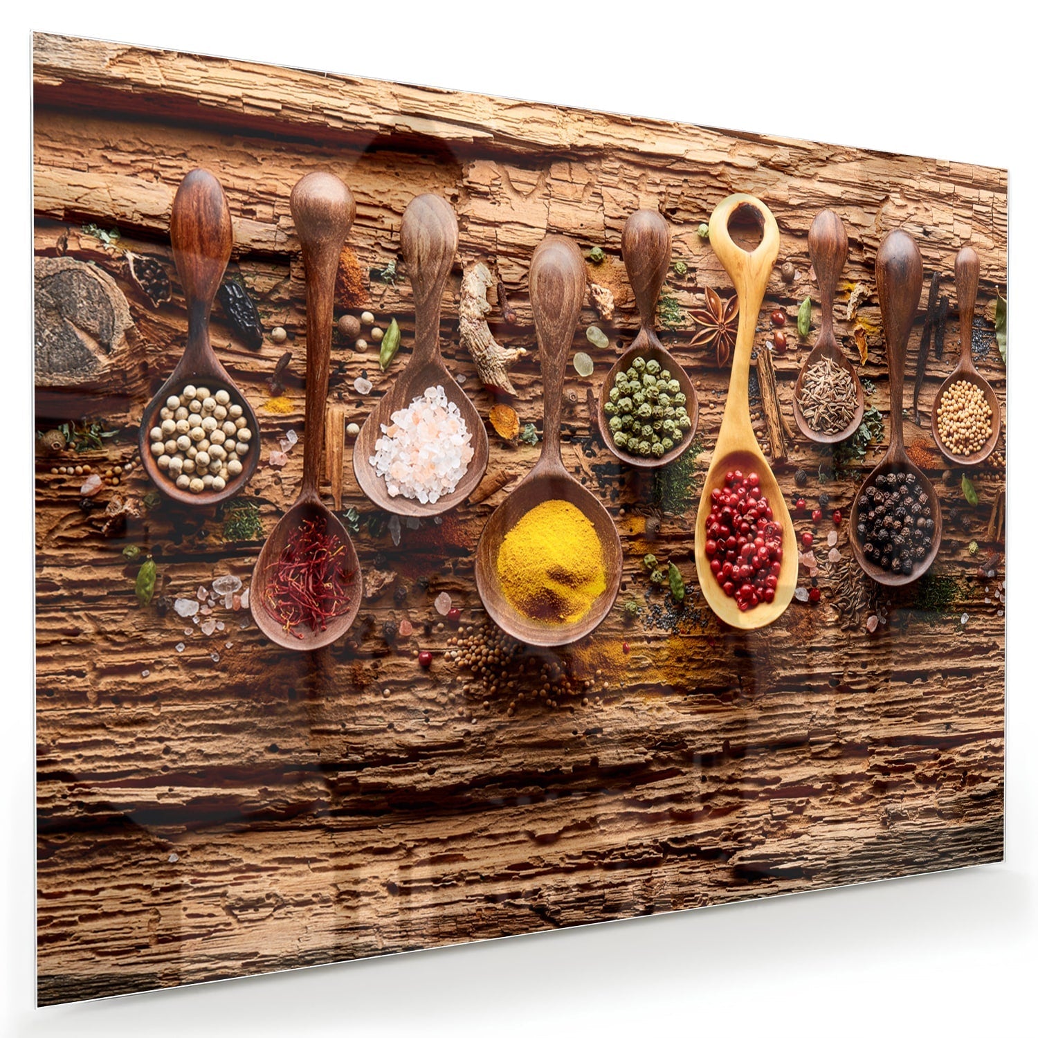 Buntes Glasbild mit Gewürzen und Löffelmotiven