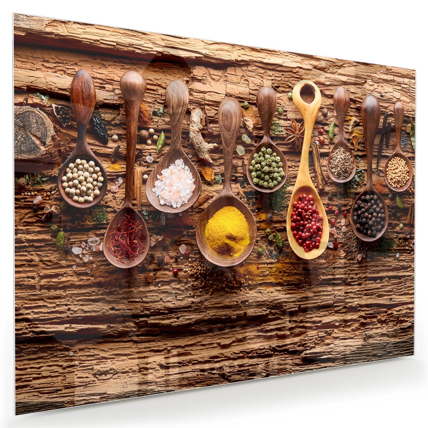 Bunte Glasbild mit Gewürze lepelmotieven als moderne Glas-Wanddekoration aus 4 mm Sicherheitsglas