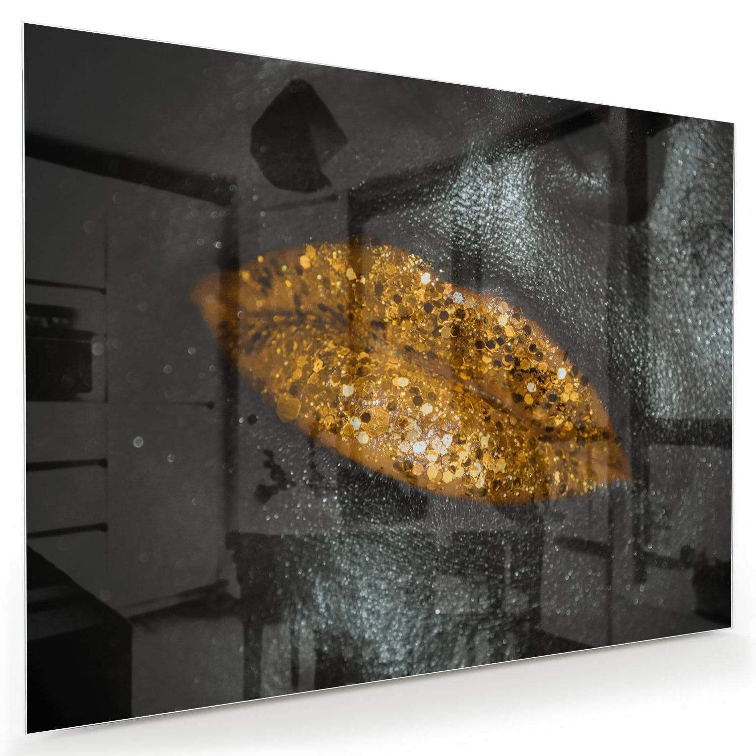 Glasbild mit goldenem Blatt für Ihr Interieur
