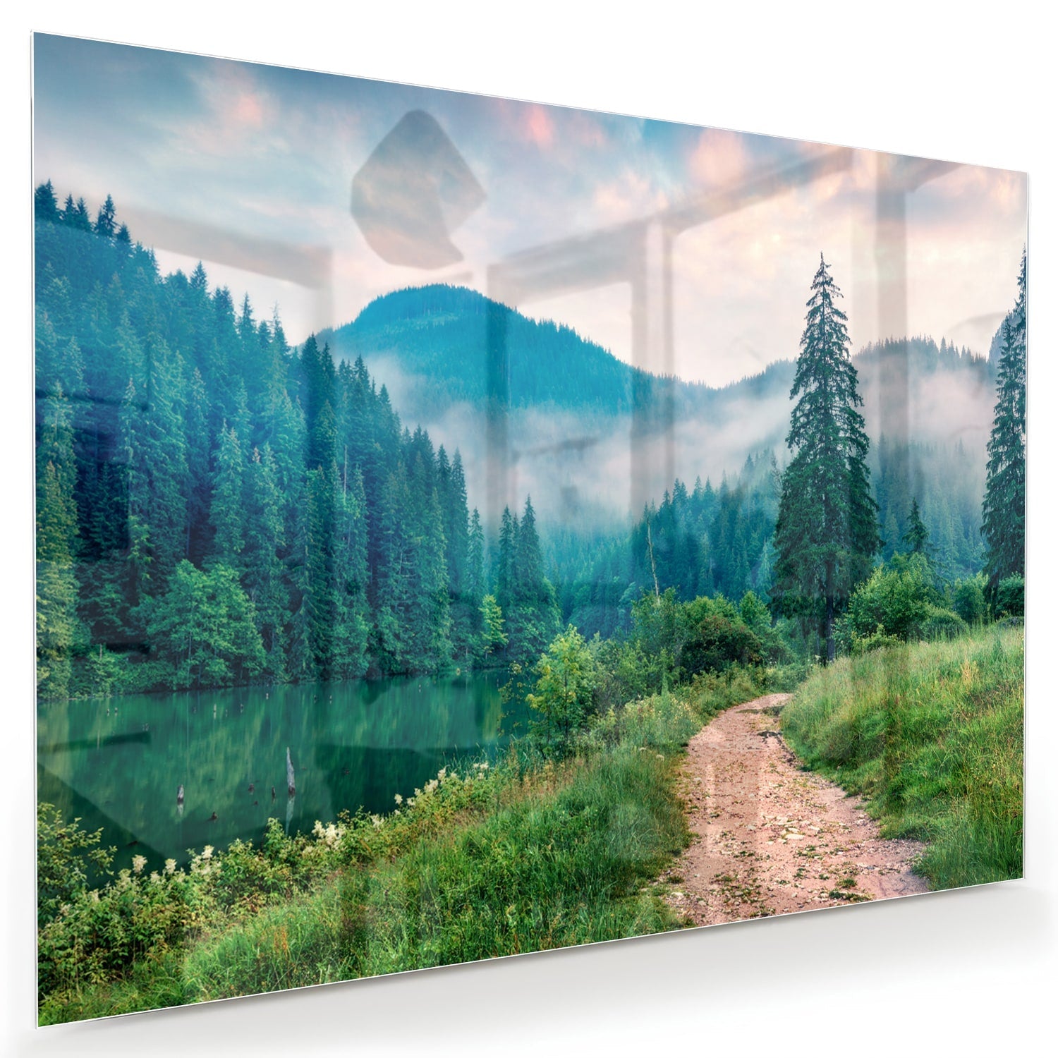 Stimmungsvolles Glasbild mit einer Berglandschaft
