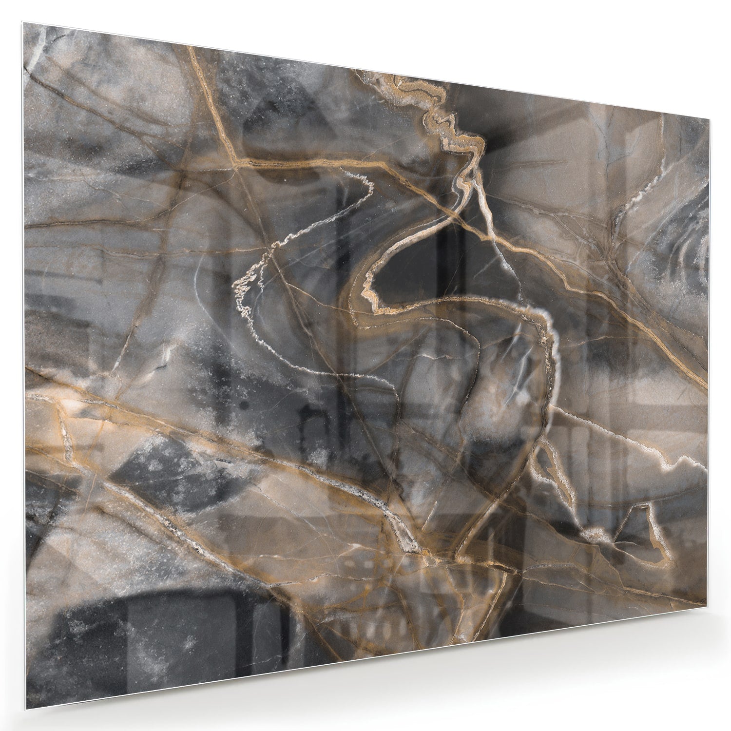 Modernes Glasbild mit abstrakten Linien in Schwarz und Gold