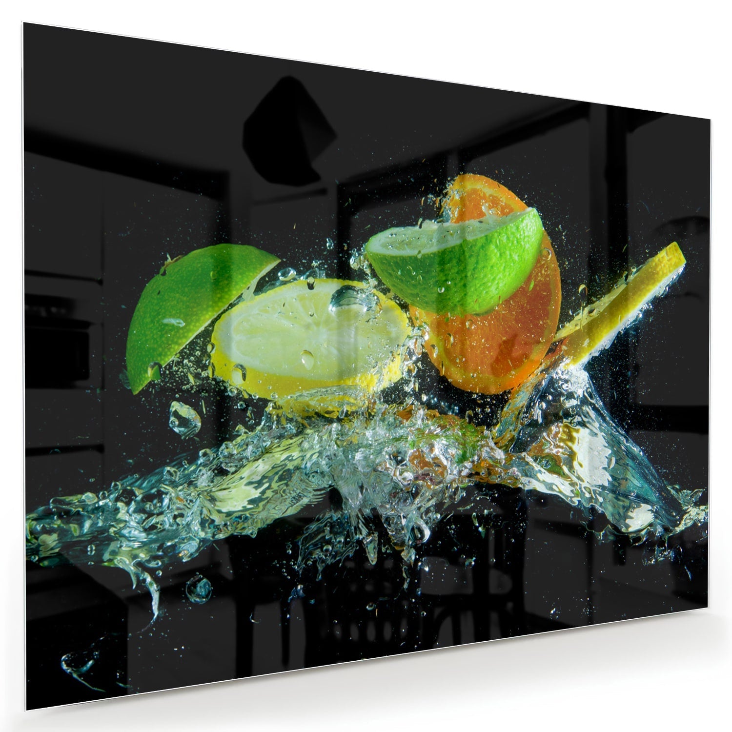 Glasbild mit farbenfrohen Zitrusfrüchten