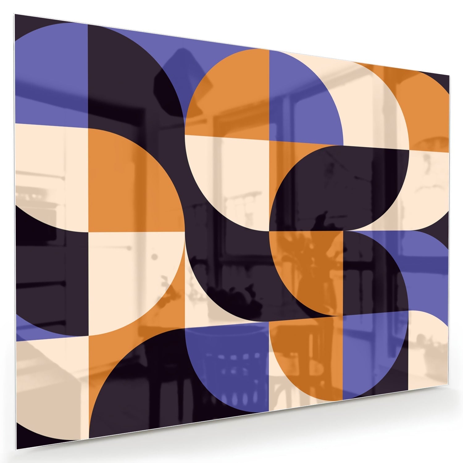 Abstraktes Glasbild in blauen und Orangetönen