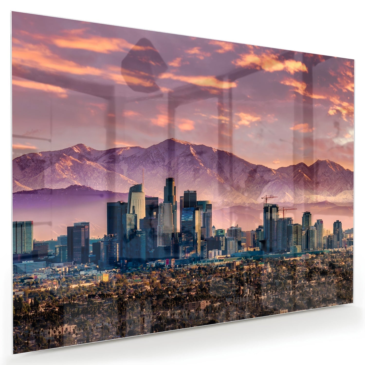 Glasbild Stadtpanorama bei Sonnenuntergang