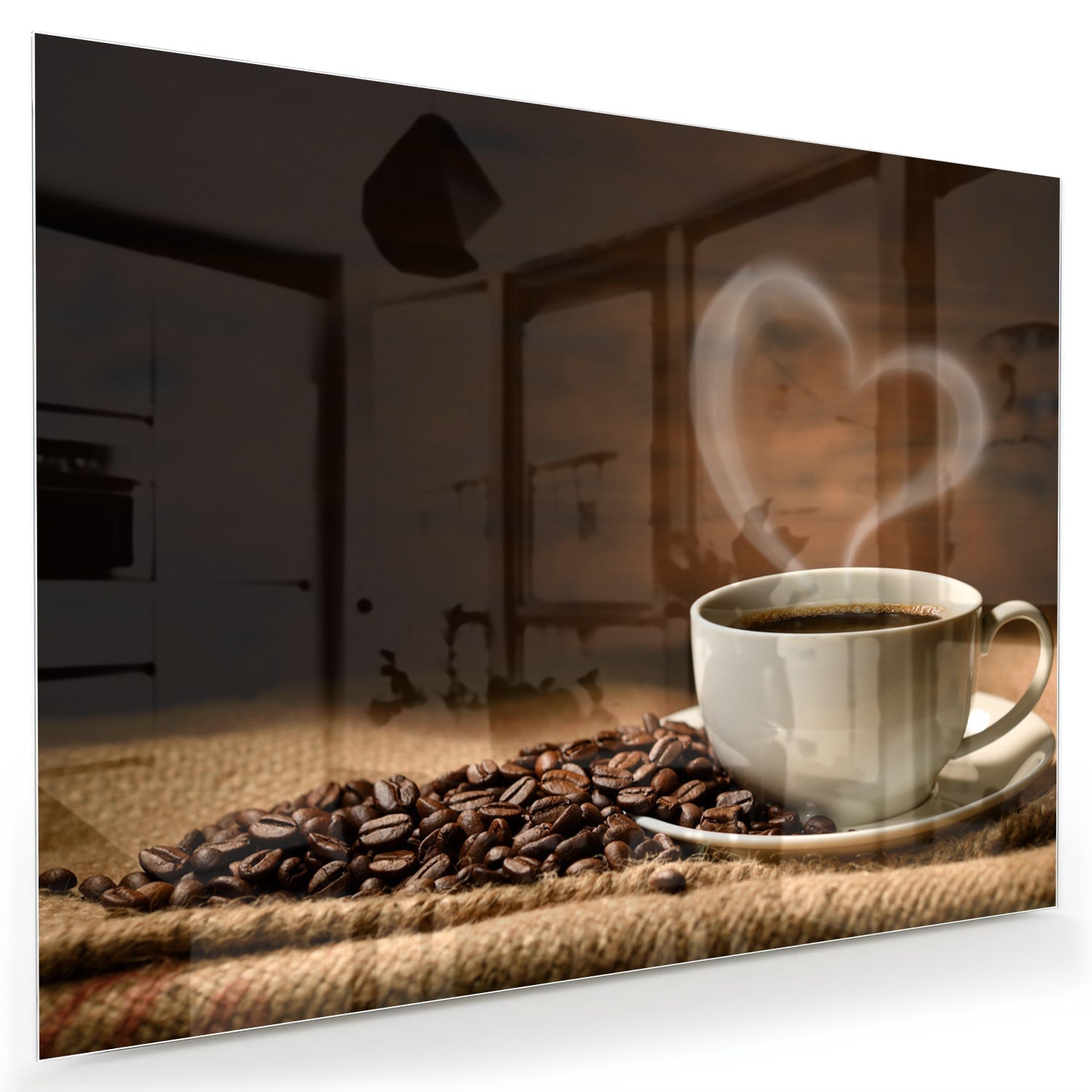 Glasbild mit Kaffee und Kaffeebohnen