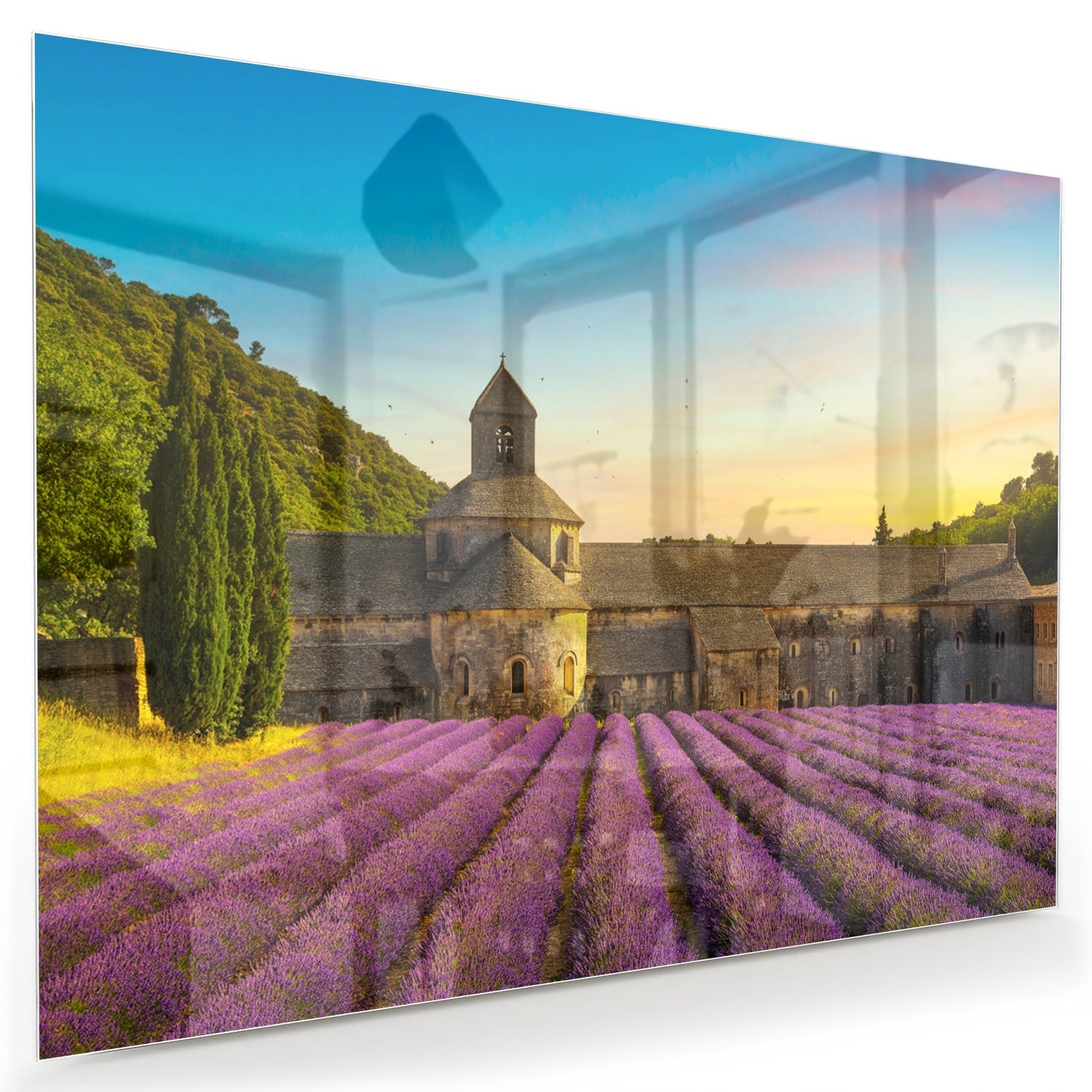 Wunderschönes Glasbild mit Lavendelfeldern