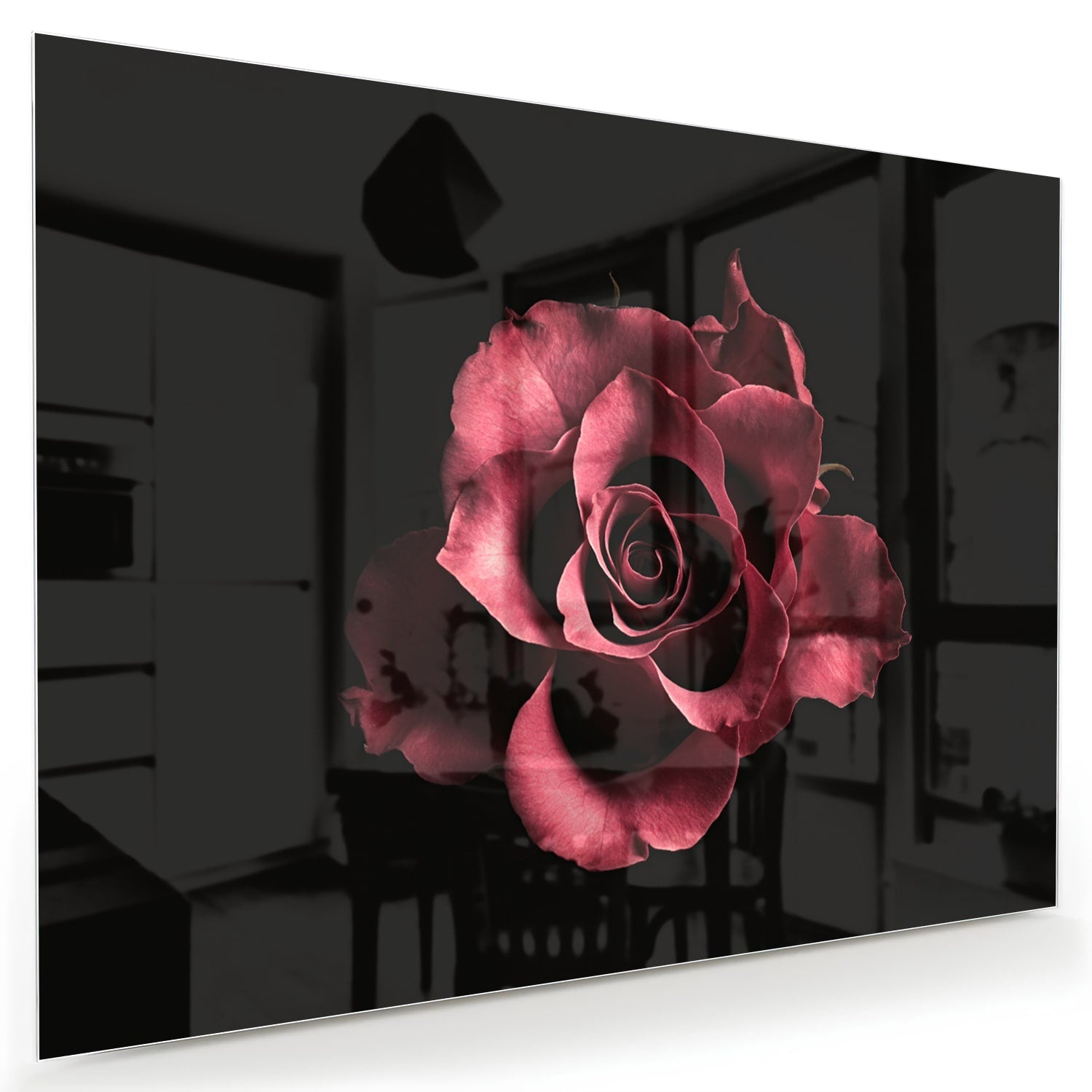 Elegantes Glasbild mit Rosen auf schwarzem Hintergrund