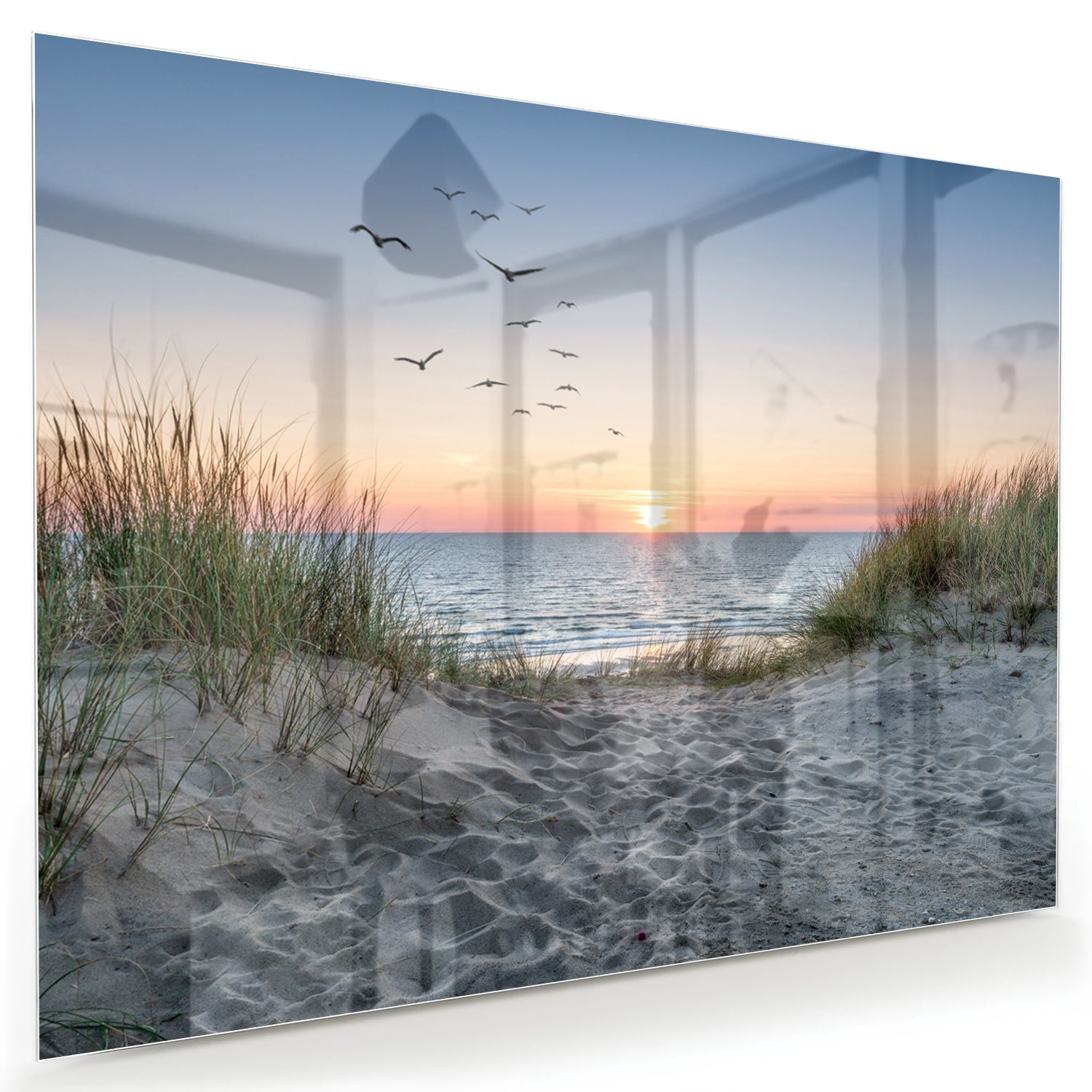 Glasbild mit ruhigem Sonnenuntergang am See