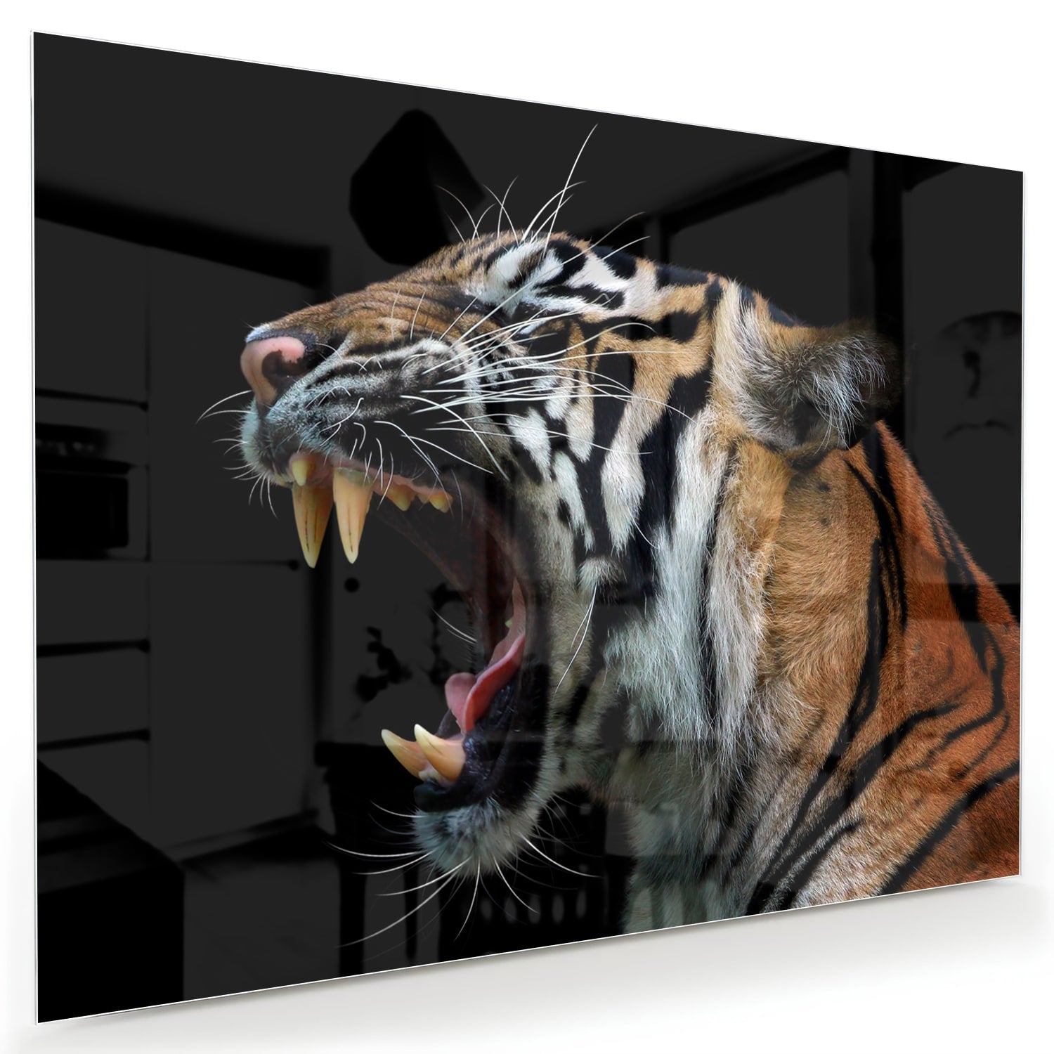 Beeindruckendes Glasbild mit einem brüllenden Tiger
