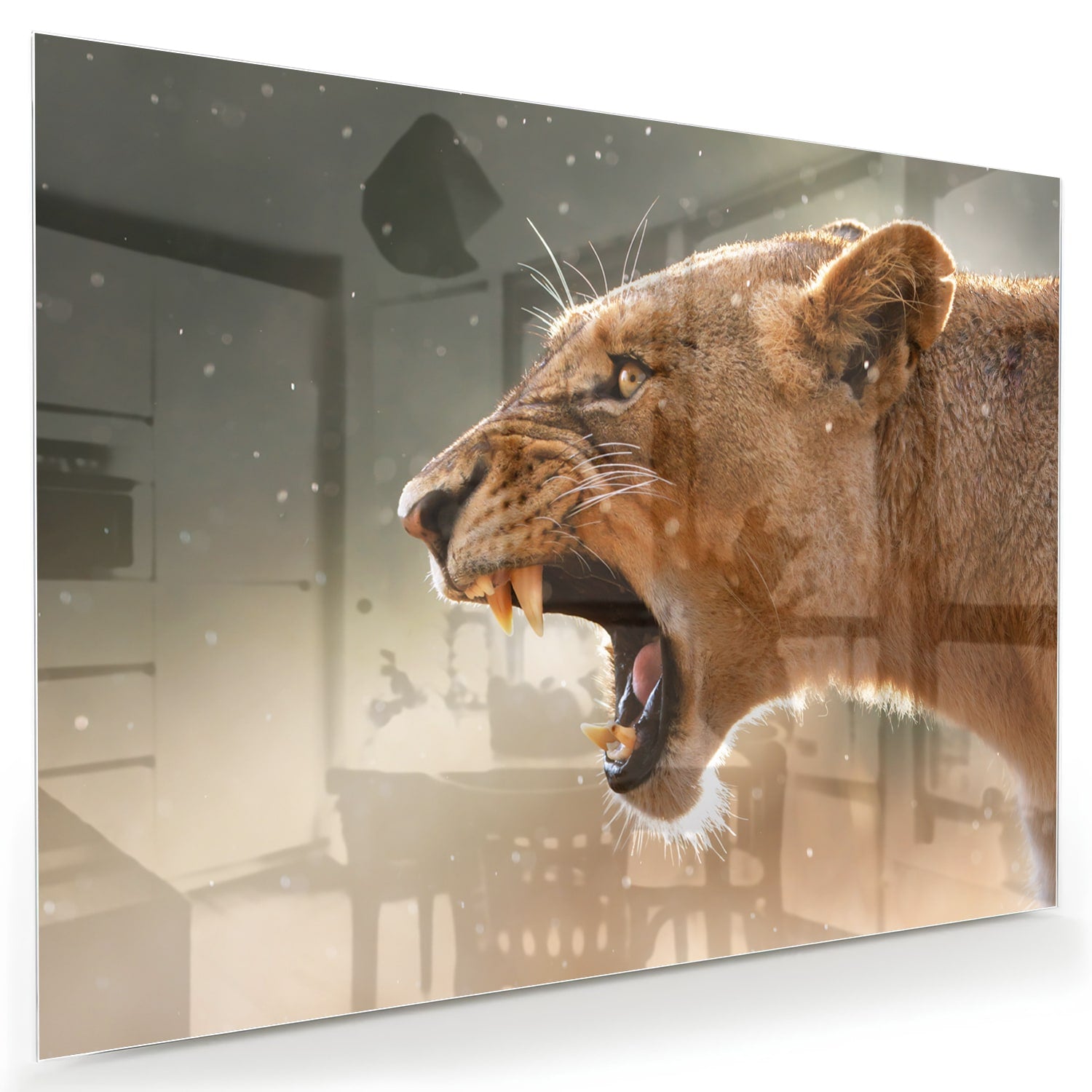 Beeindruckendes Glasbild mit einem brüllenden Löwen