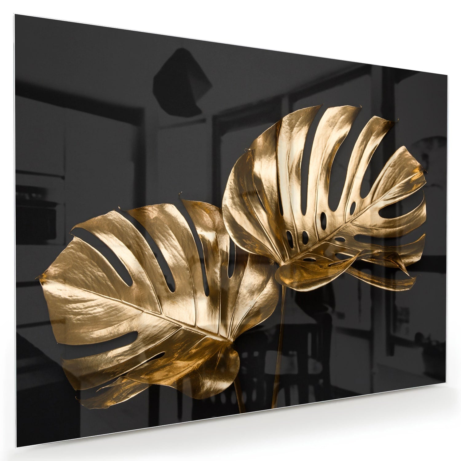 Goldenes Monstera-Glasbild für Wanddekoration