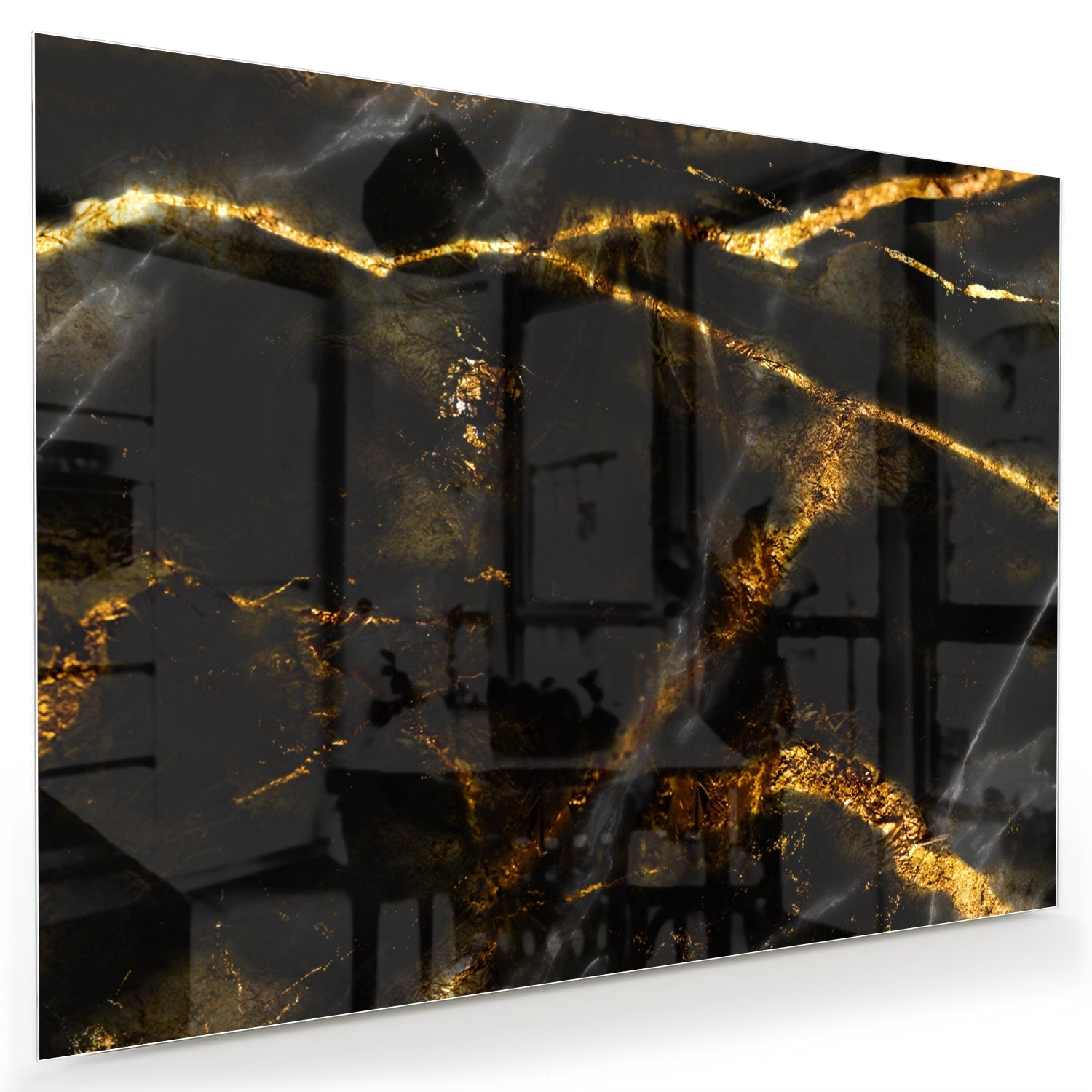Glasbild mit schwarzem und goldenem Marmordesign