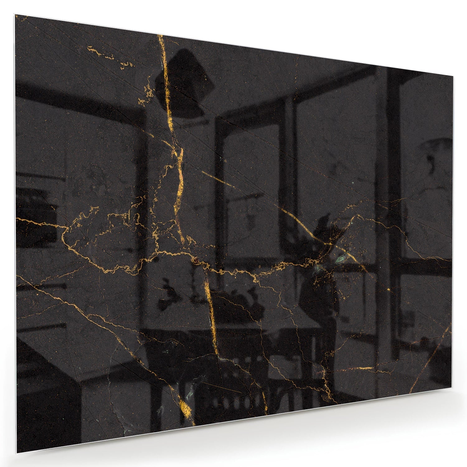 Schwarzes Glasbild mit goldenen Linien