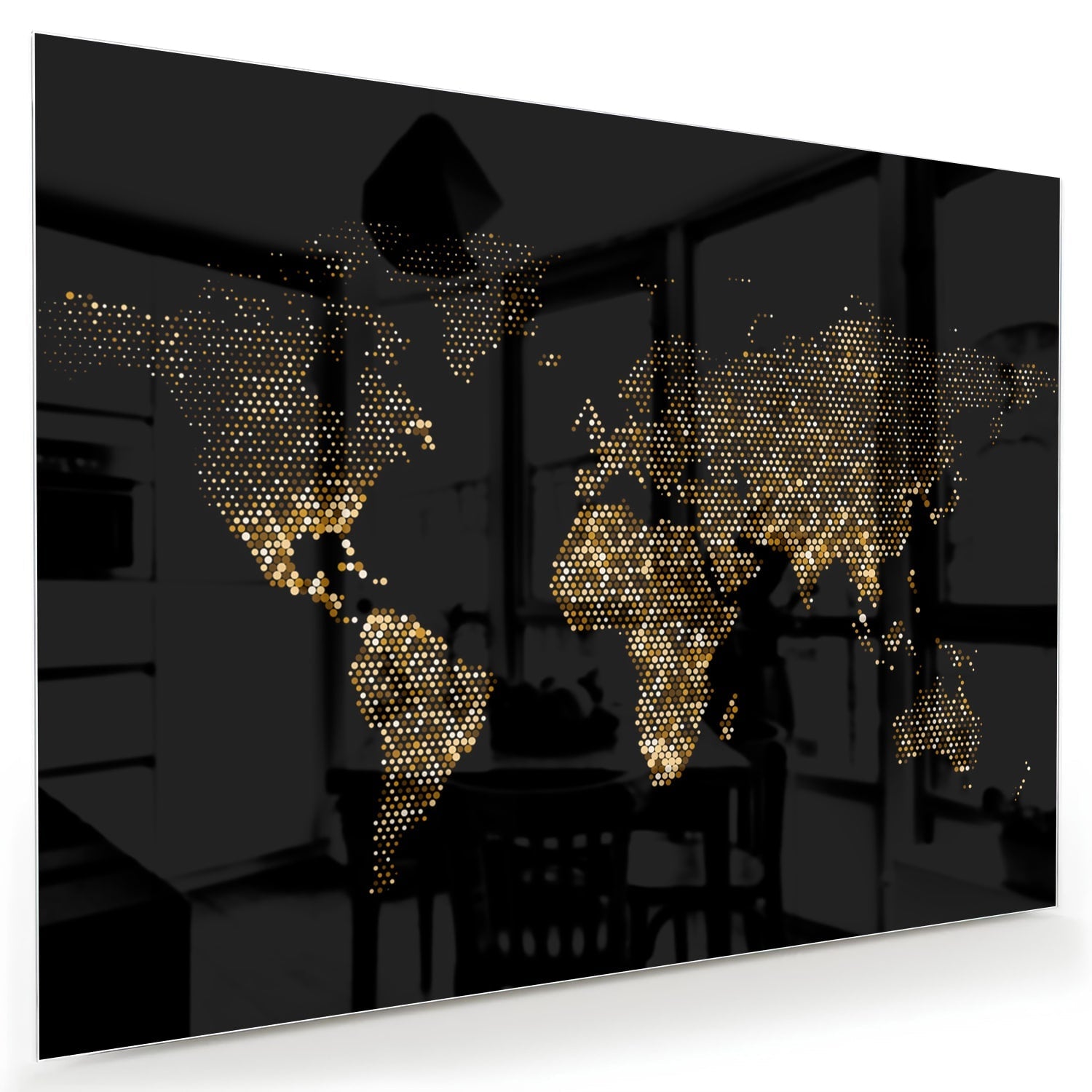 Elegantes Glasbild mit Weltkarte in Schwarz und Gold