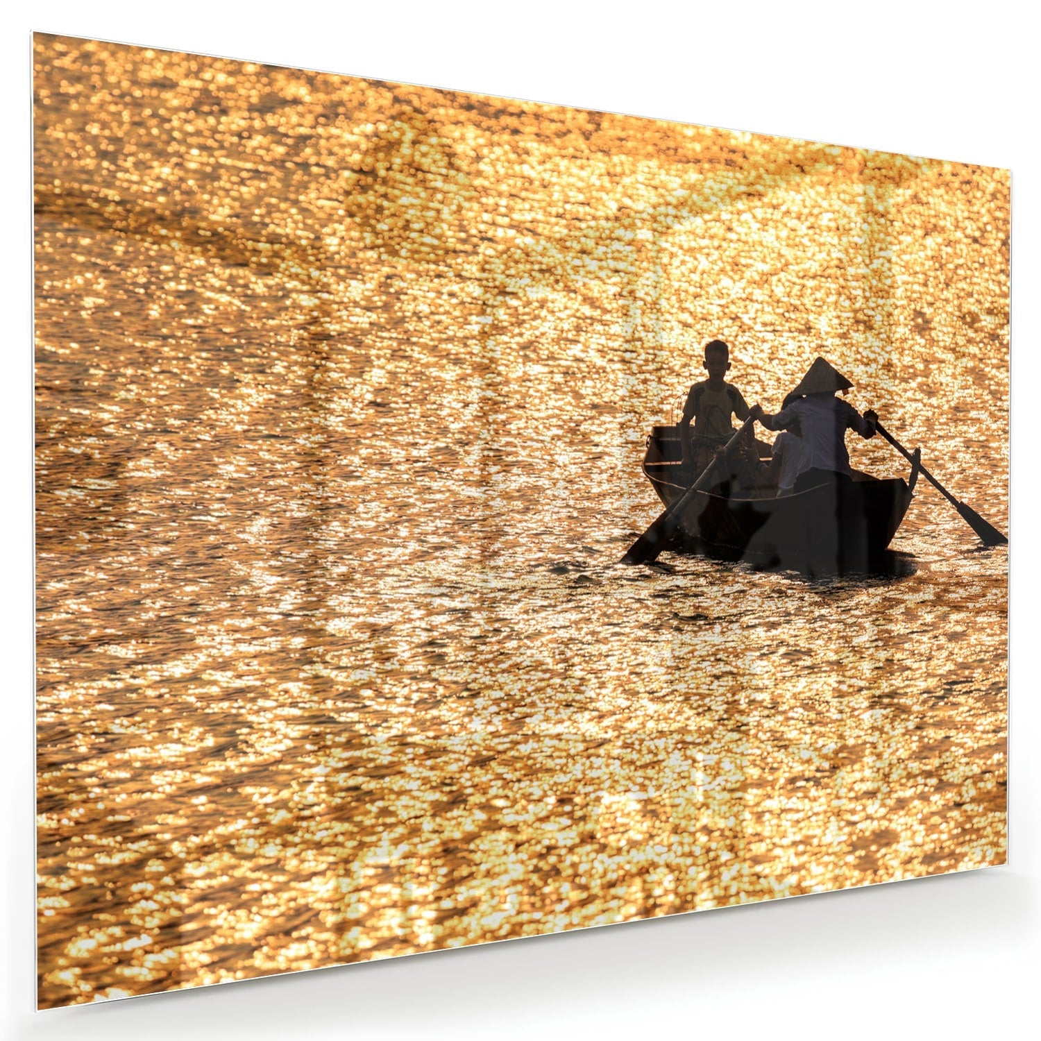 Glasbild mit Ruderboot auf goldenem Wasser