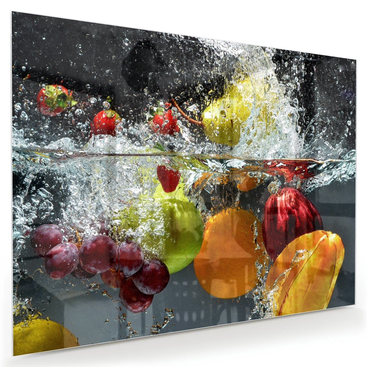 Leuchtendes Glasbild mit Früchten und Wassertropfen