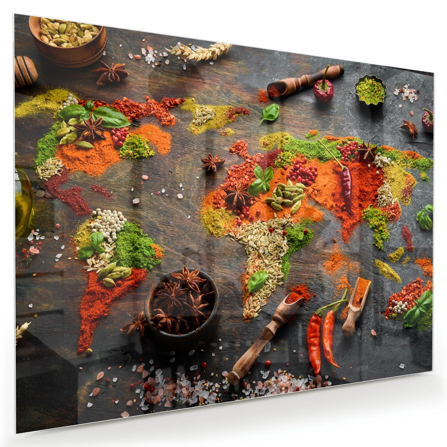 Farbenfrohes Glasbild mit Gewürzen und Gemüse