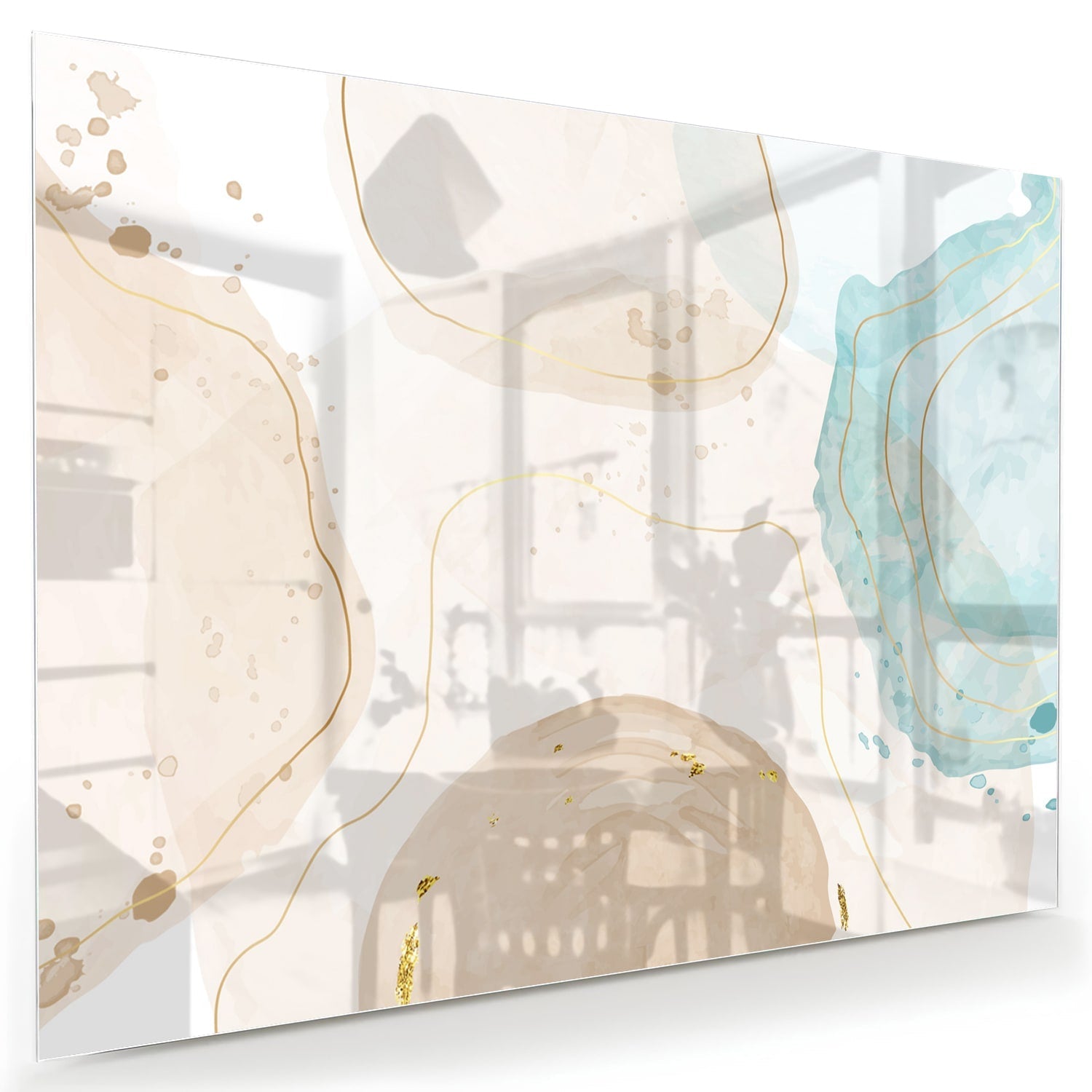 Elegantes Glasbild mit sanftem Aqua und goldenen Farbtönen