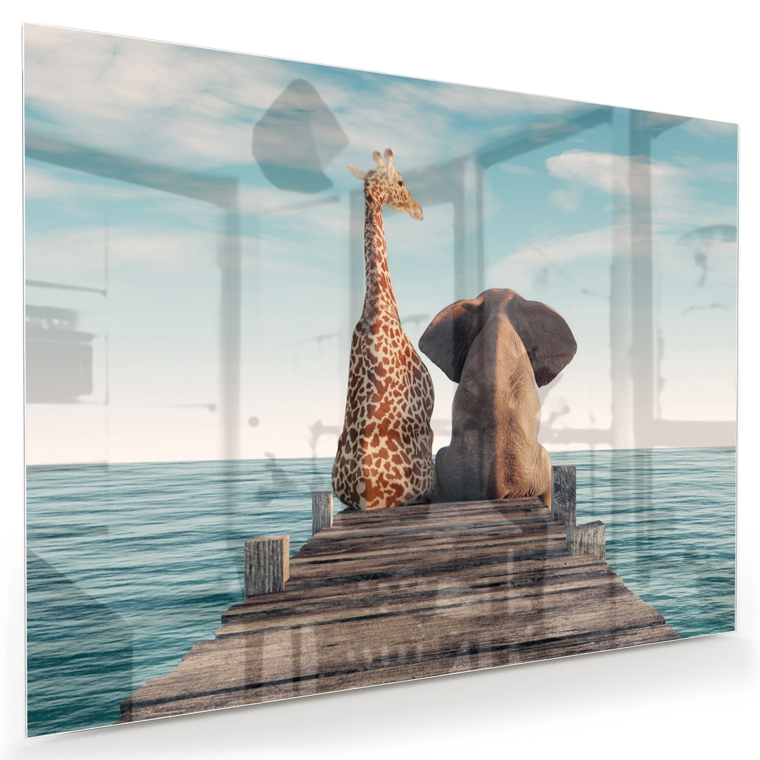 Glasbild mit verspielter Giraffe und Elefant auf einem Holzsteg