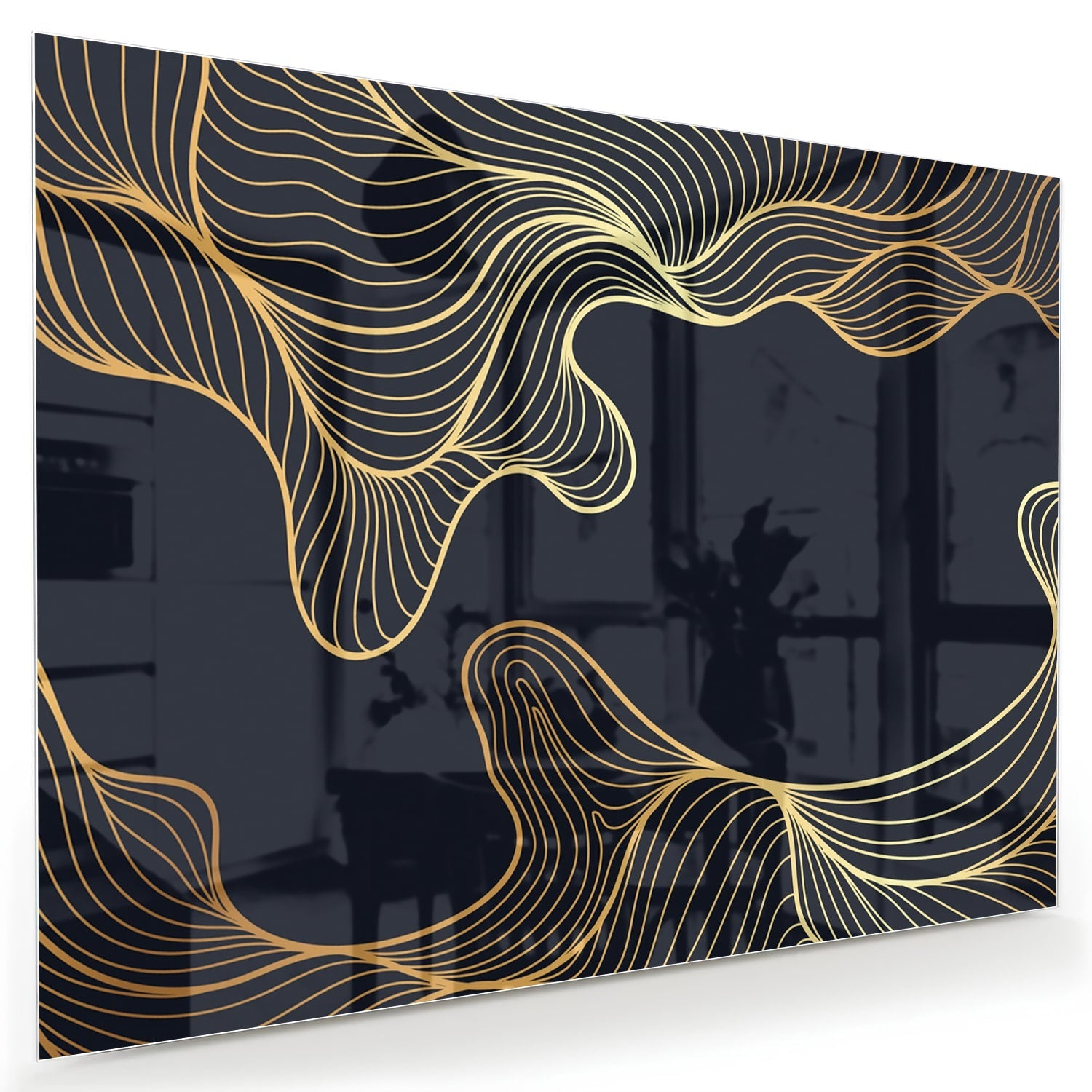 Elegantes Glasbild mit goldenen Linien auf dunkelblauem Hintergrund