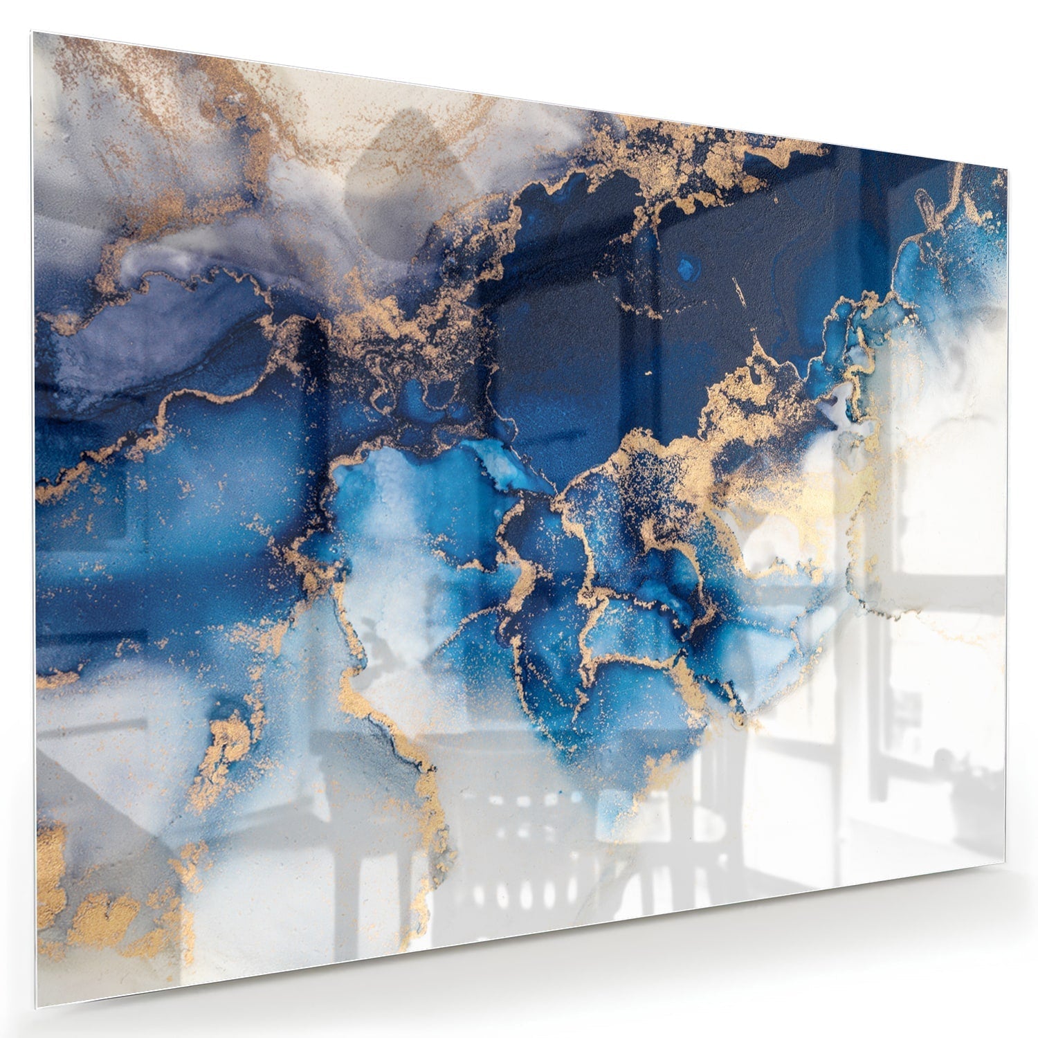 Mehrschichtiges Glasbild in blau und Goud als moderne Glas-Wanddekoration aus 4 mm Sicherheitsglas