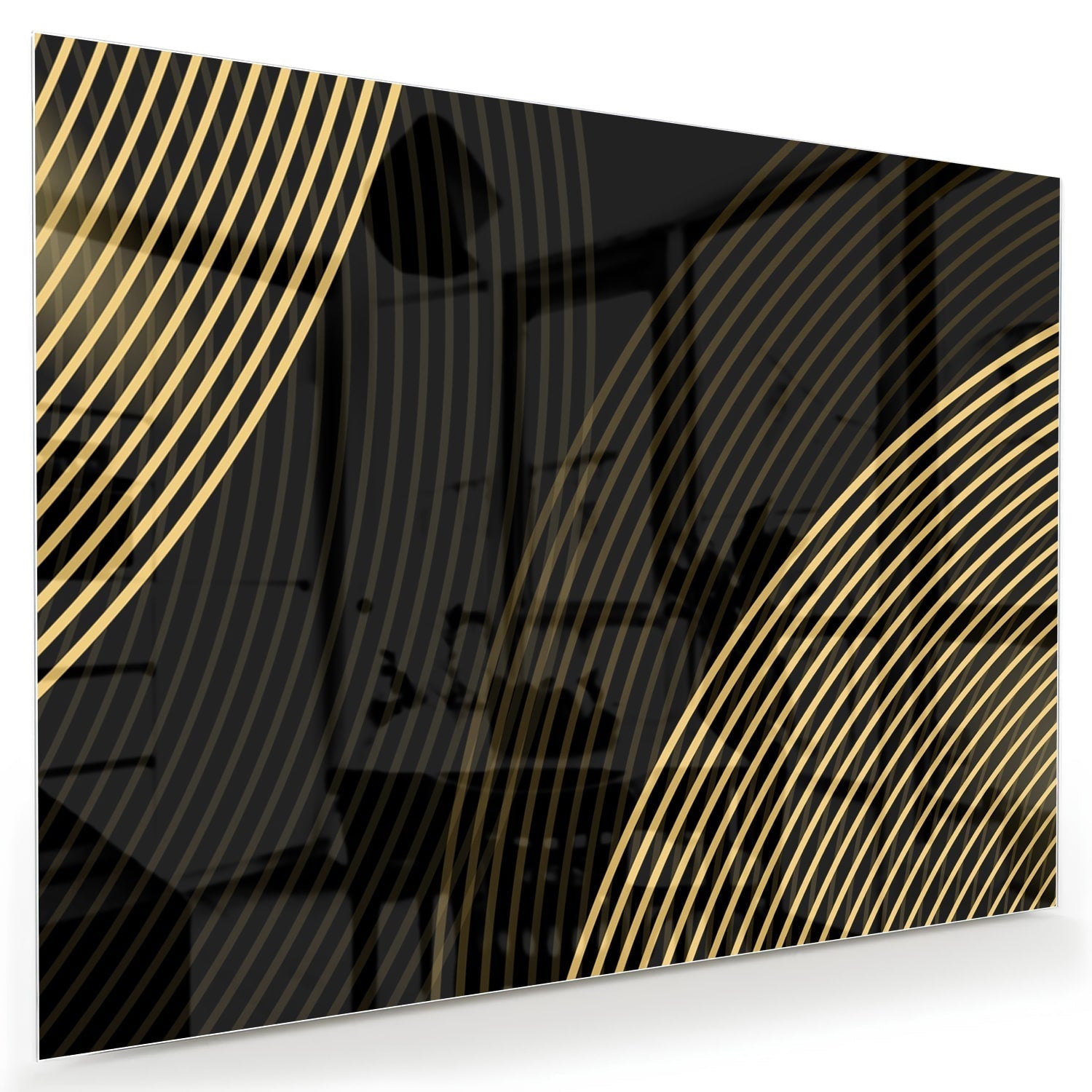 Geradliniges Glasbild mit goldenen Linien als moderne Glas-Wanddekoration aus 4 mm Sicherheitsglas