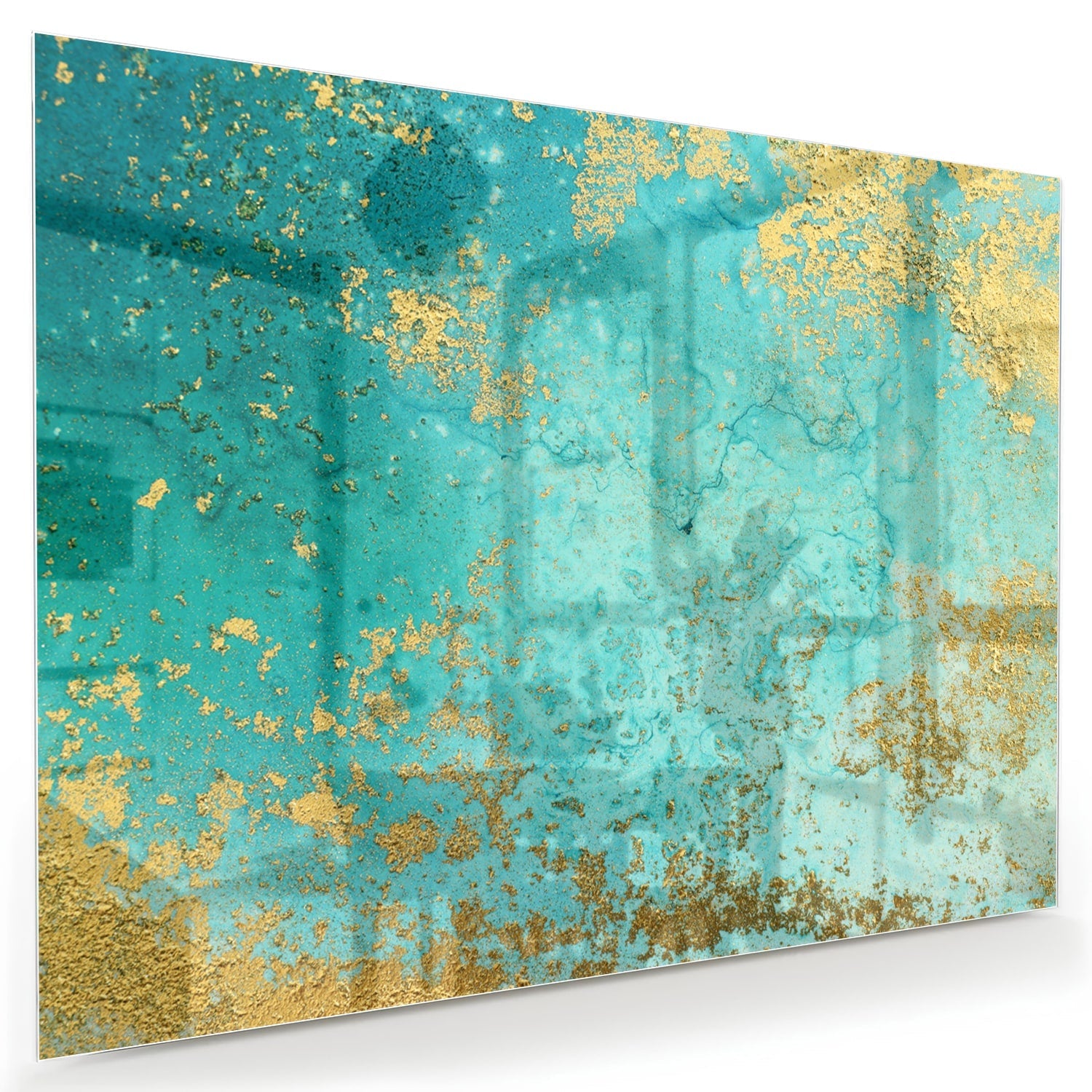 Glasbild mit goldenen Akzenten auf Türkis