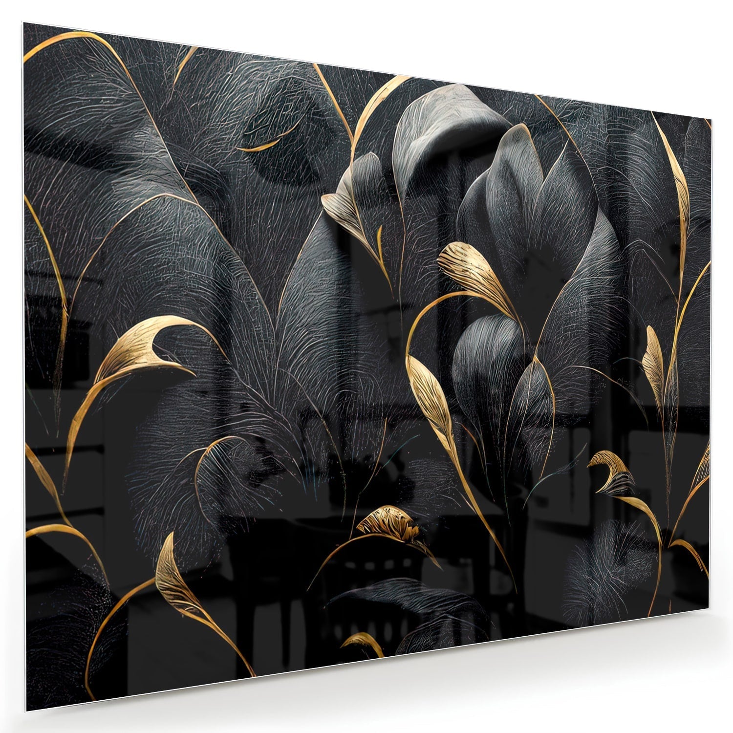 Elegantes Glasbild mit goldenen Blättern als moderne Glas-Wanddekoration aus 4 mm Sicherheitsglas