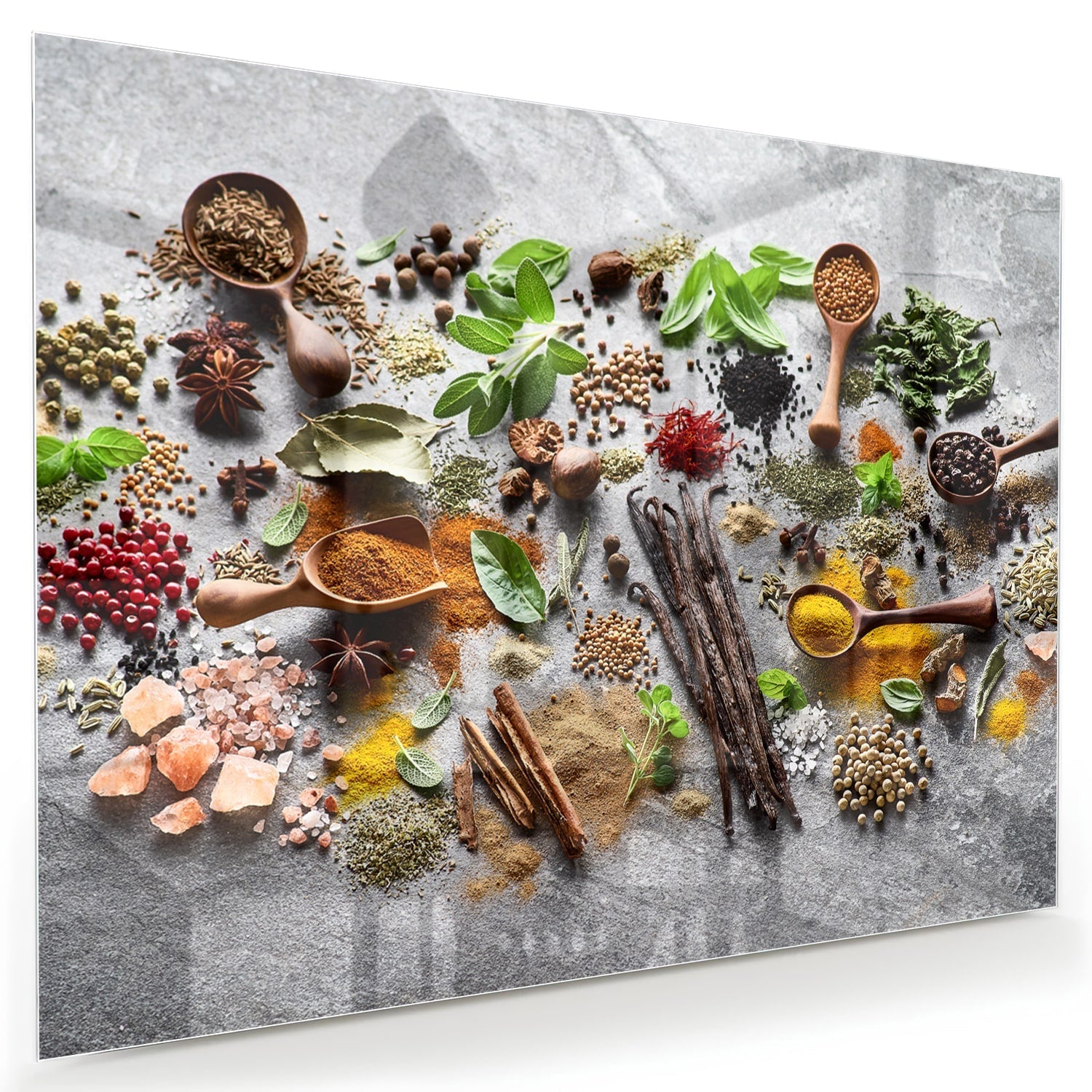 Farbenfrohes Glasbild mit Kräutern und Gewürzen
