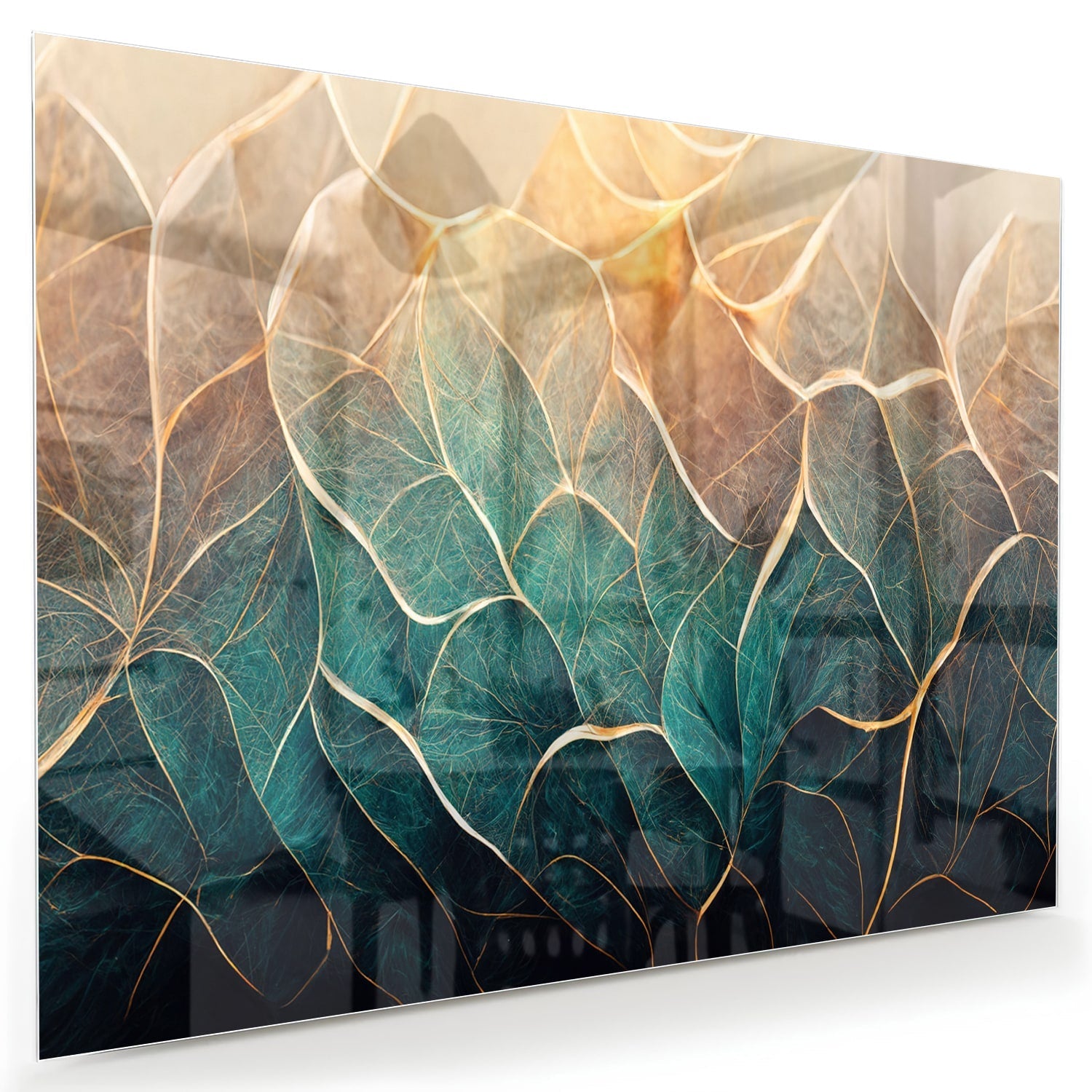 Glasbild mit Blättern und goldenen Linien