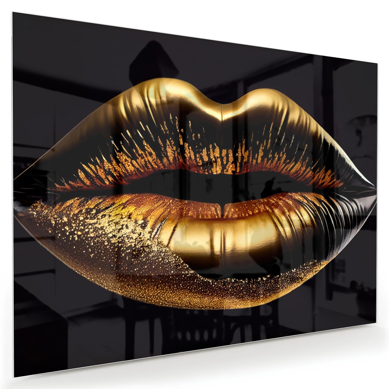 Glasbild mit goldenen Lippen – elegante Wanddekoration